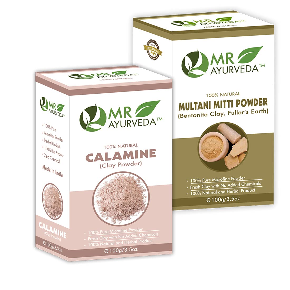 MR Ayurveda Calamine Clay Powder & Multani Mitti Powder - 100g Each | Natural Skin Care Combo for Acne, Oil Control & Glowing Skin | Perfect for DIY Face Masks & Ayurvedic Beauty Treatments