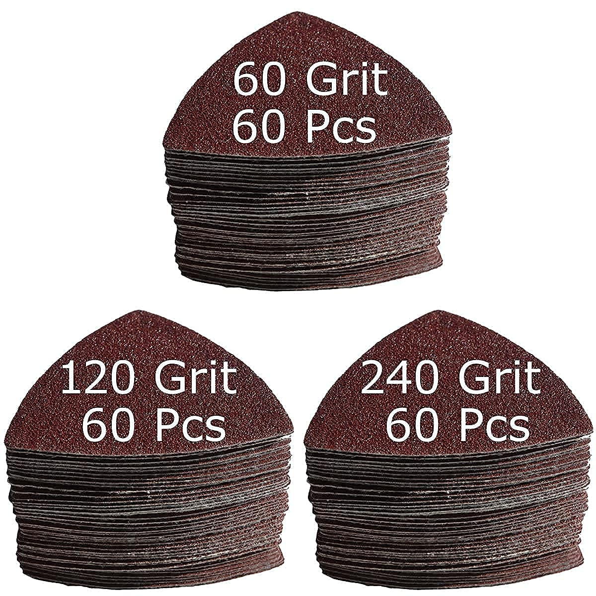 XXGO 180-Piece 3-1/8 Inch 80mm Triangular Oscillating Multi-Tool Sanding Pads Kit - 60/120/240 Grits Sandpaper (60 Pcs Each) - XGM0309 - Perfect for Woodworking, Metal Polishing & DIY Home Renovation Projects