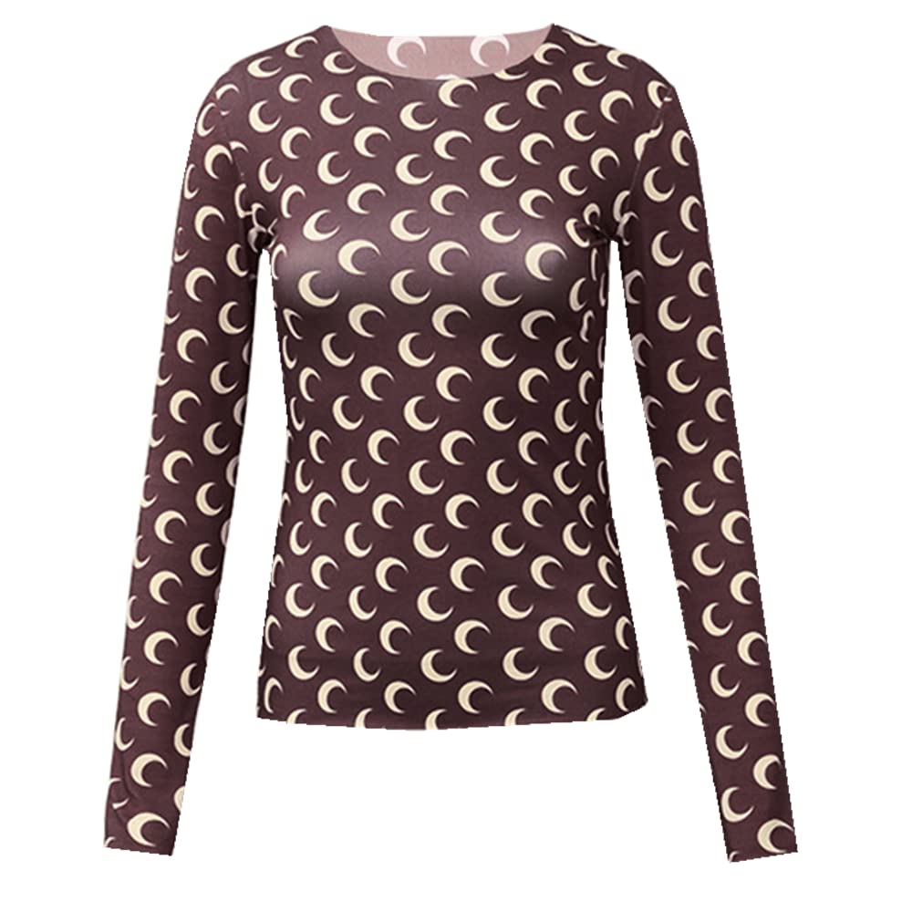 Women's Crescent Moon Print Bodycon T-Shirt - Long & Short Sleeve Summer Tops for Casual Wear, Night Out, and Beach Vacation