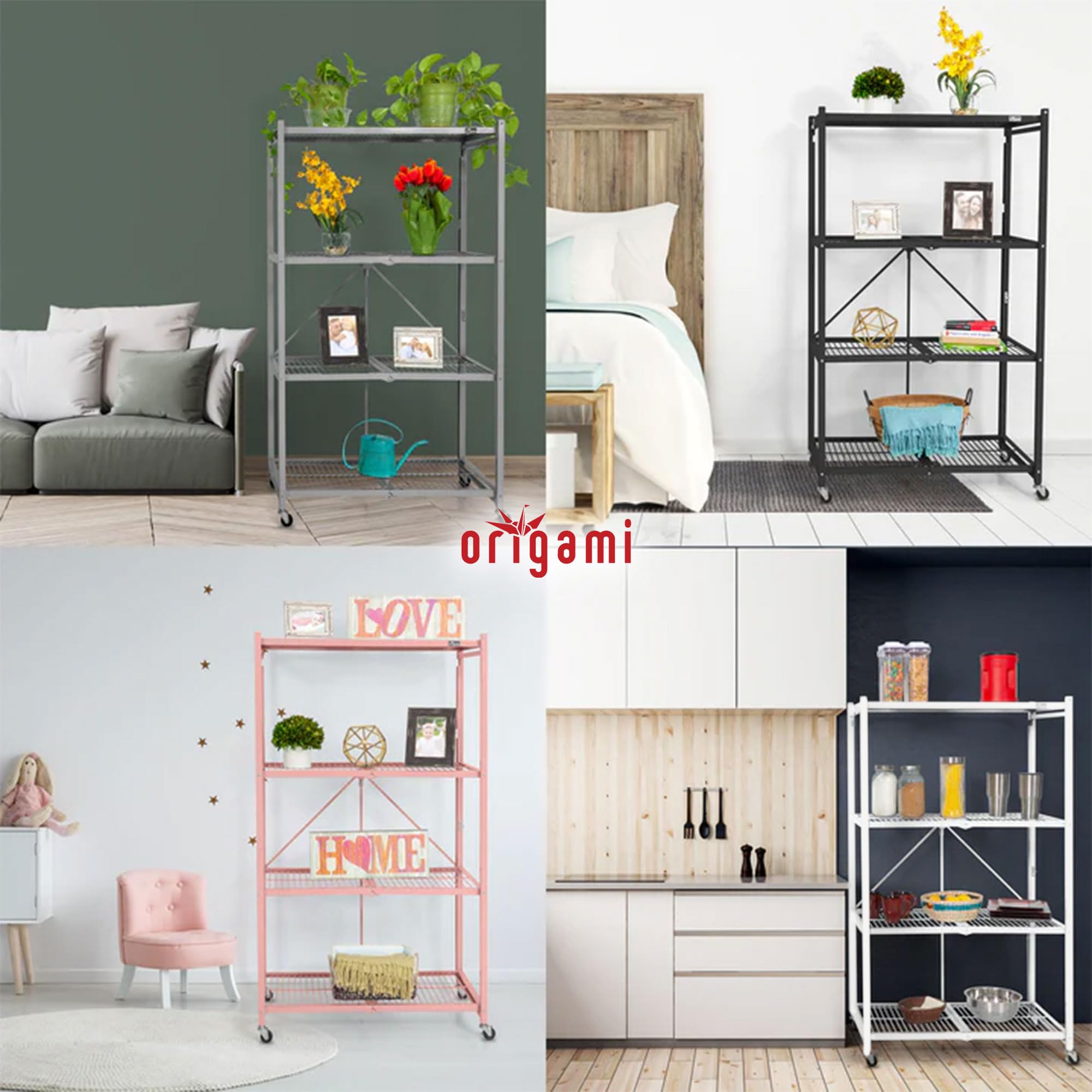 4-Tier Heavy Duty Folding Storage Shelf with Wheels - White Origami Style Organizer for Home, Office, Garage & Closet Organization