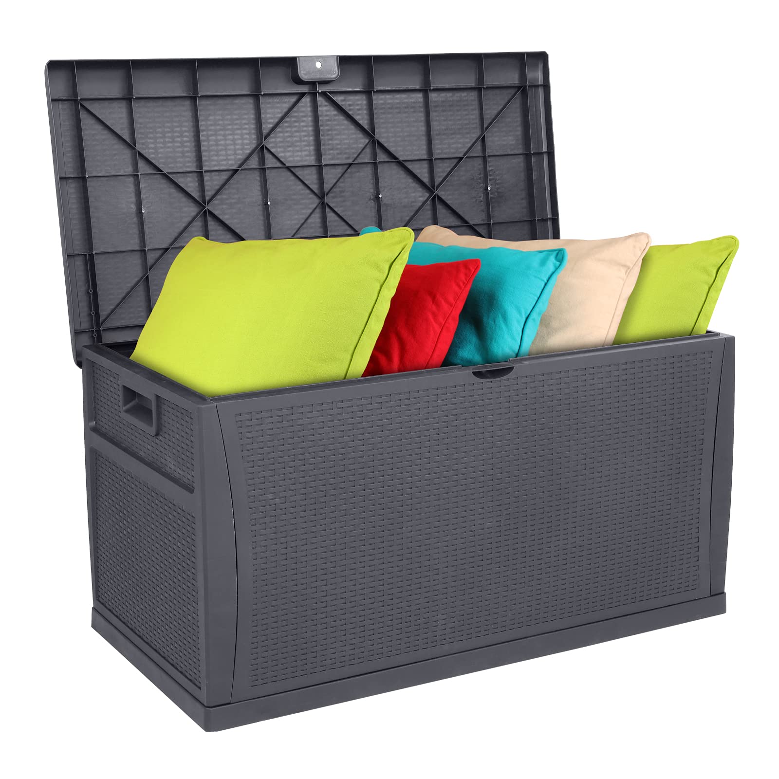 VINGLI Upgraded 120 Gallon Outdoor Storage Box with Lockable Lid - Waterproof Plastic Deck Box with Rattan Grain Surface for Patio, Garden, Pool, Balcony & Yard (Grey) | Perfect for Storing Cushions, Pool Toys & Seasonal Decorations