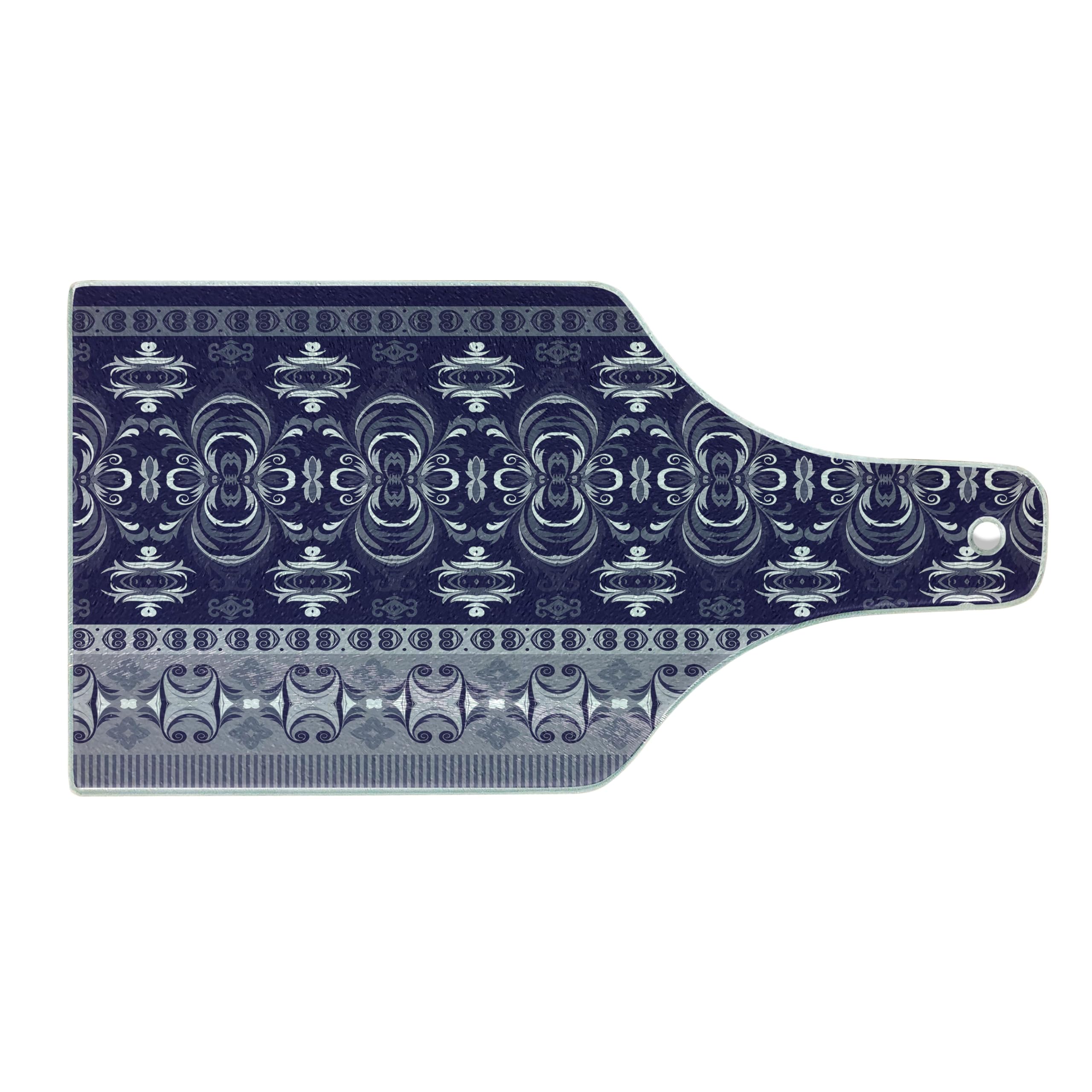 Ambesonne Navy Blue Tribal Ethnic Floral Tempered Glass Cutting Board - Decorative Wine Bottle Shape Serving Board with Dark Blue, Pale Blue & White Design - Perfect for Cheese, Charcuterie & Wine Pairing