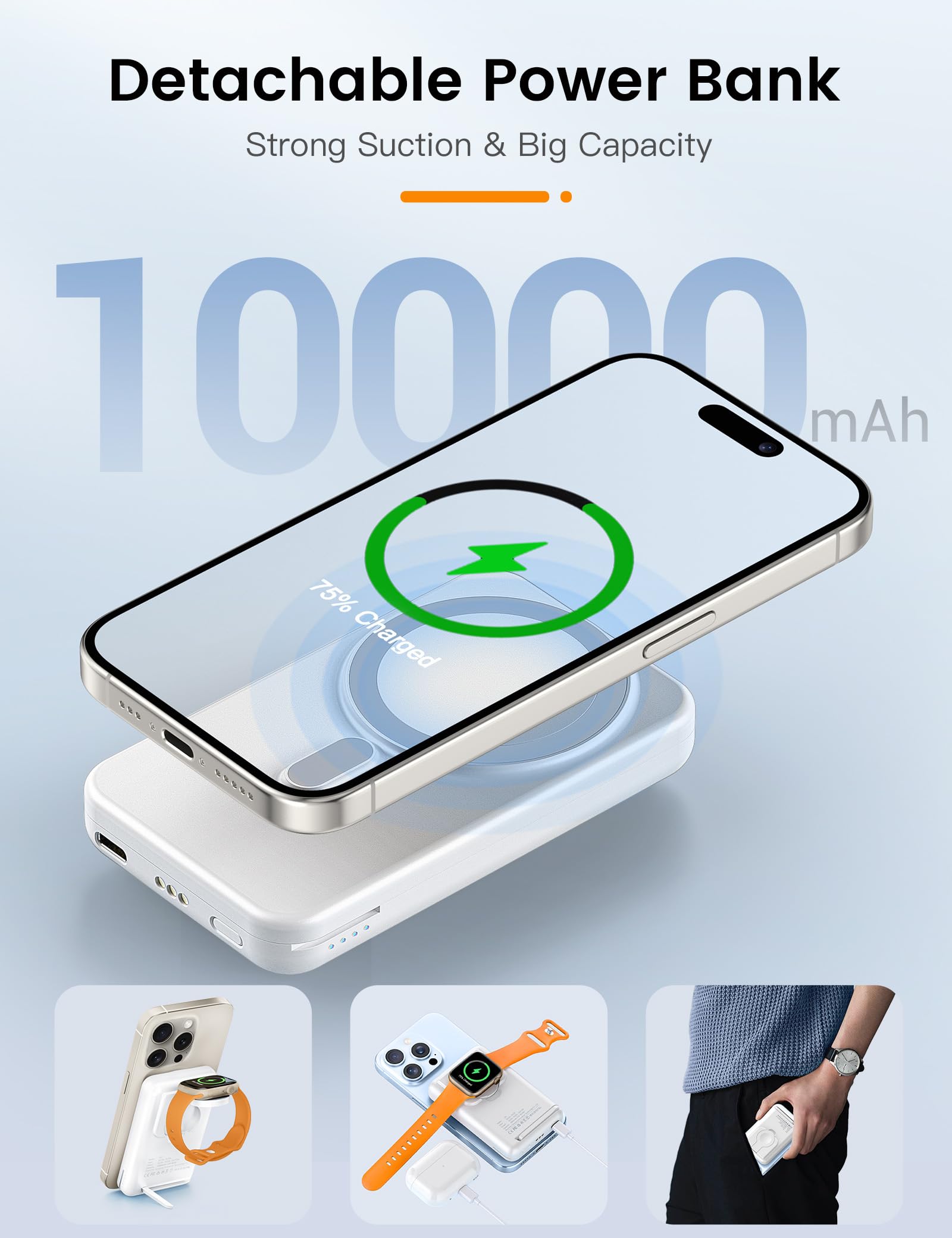 RORRY 3-in-1 Magnetic Wireless Charging Station with 10000mAh Detachable Power Bank - Foldable Magsafe Charger for iPhone 15/14/13, Apple Watch & AirPods (White) | Perfect for Travel, Office & Nightstand Charging