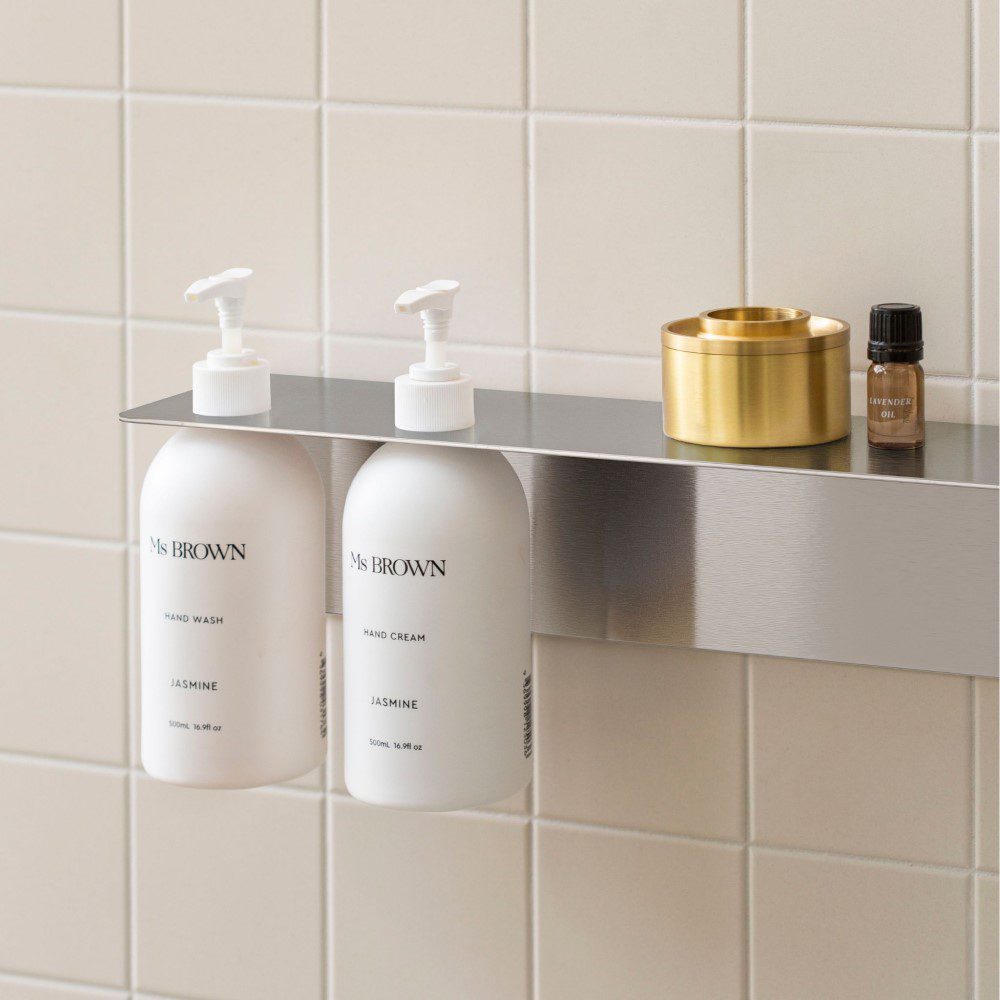 PRE ORDER DESIGNSTUFF Dual Soap Dispenser Holder - Brushed Steel Finish | Modern Bathroom & Kitchen Organizer for Liquid Soap & Lotion Dispensers