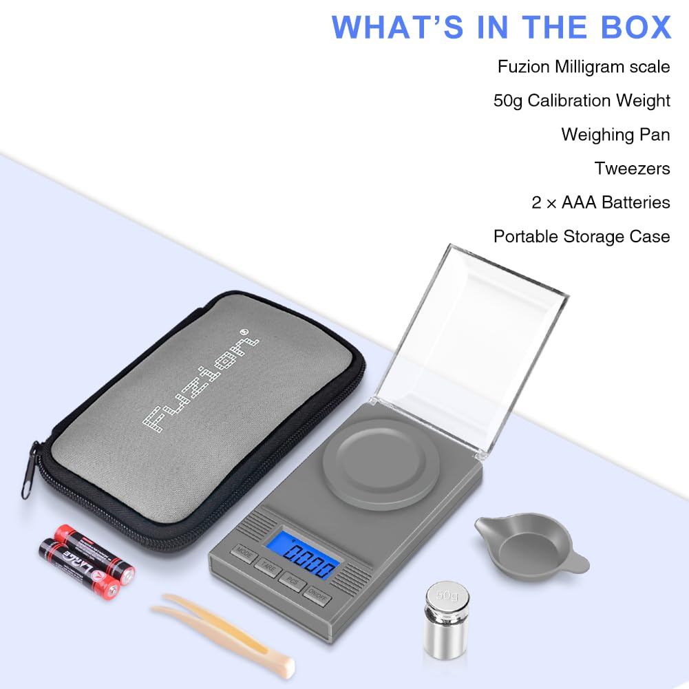 Fuzion 50g x 0.001g Precision Digital Milligram Scale with LCD Backlit Display & Tare Function - Jewelry Scale for Powder Medicine, Gemstones, Reloading | Perfect for Lab, Pharmacy & Jewelry Making