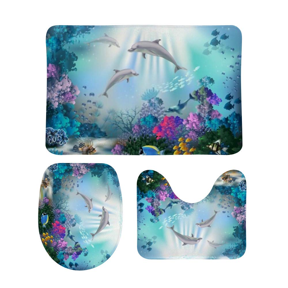 Premium 3-Piece Memory Foam Bath Rug Set - Non-Slip, Absorbent & Soft U-Shaped Toilet Mat with Lid Cover - Plants & Dolphins Design - Perfect for Bathroom Decor, Shower Mats & Floor Protection
