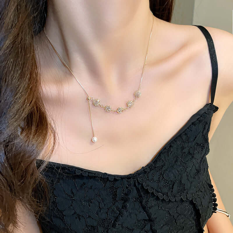 Elegant Pearl Flower Lariat Y Necklace for Women | 18K Gold Plated Bridal Jewelry Gift | Perfect for Weddings, Parties & Special Occasions - HN2449