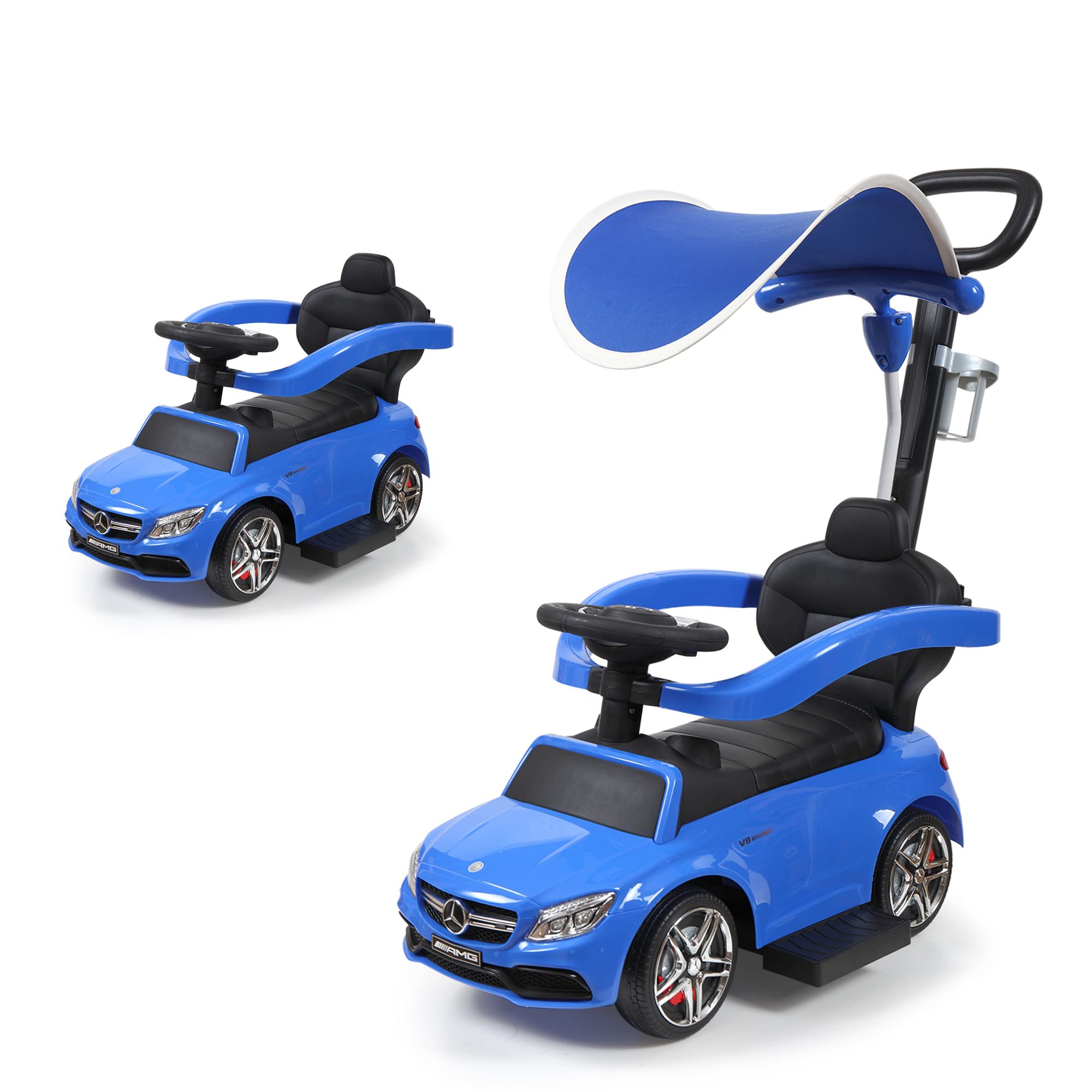 TOBBI Toddler Push Car - Ride On Toy with Horn, Music, Safety Bar, Sun Canopy & Cup Holder - Blue Baby Walker for Outdoor & Indoor Play - Perfect for Park, Backyard & Shopping Trips