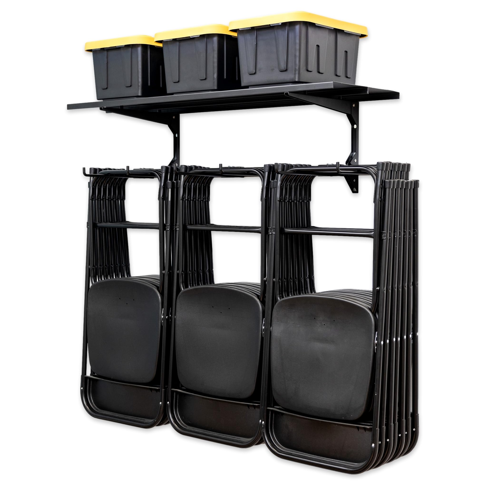 StoreYourBoard Chair Storage Rack & Wall Mount - Heavy Duty 300 lbs Capacity Folding Shelf for Beach Chairs, Garage & Home Organization - Black Steel Space-Saving Hanger System (Perfect for Small Spaces & Seasonal Storage)