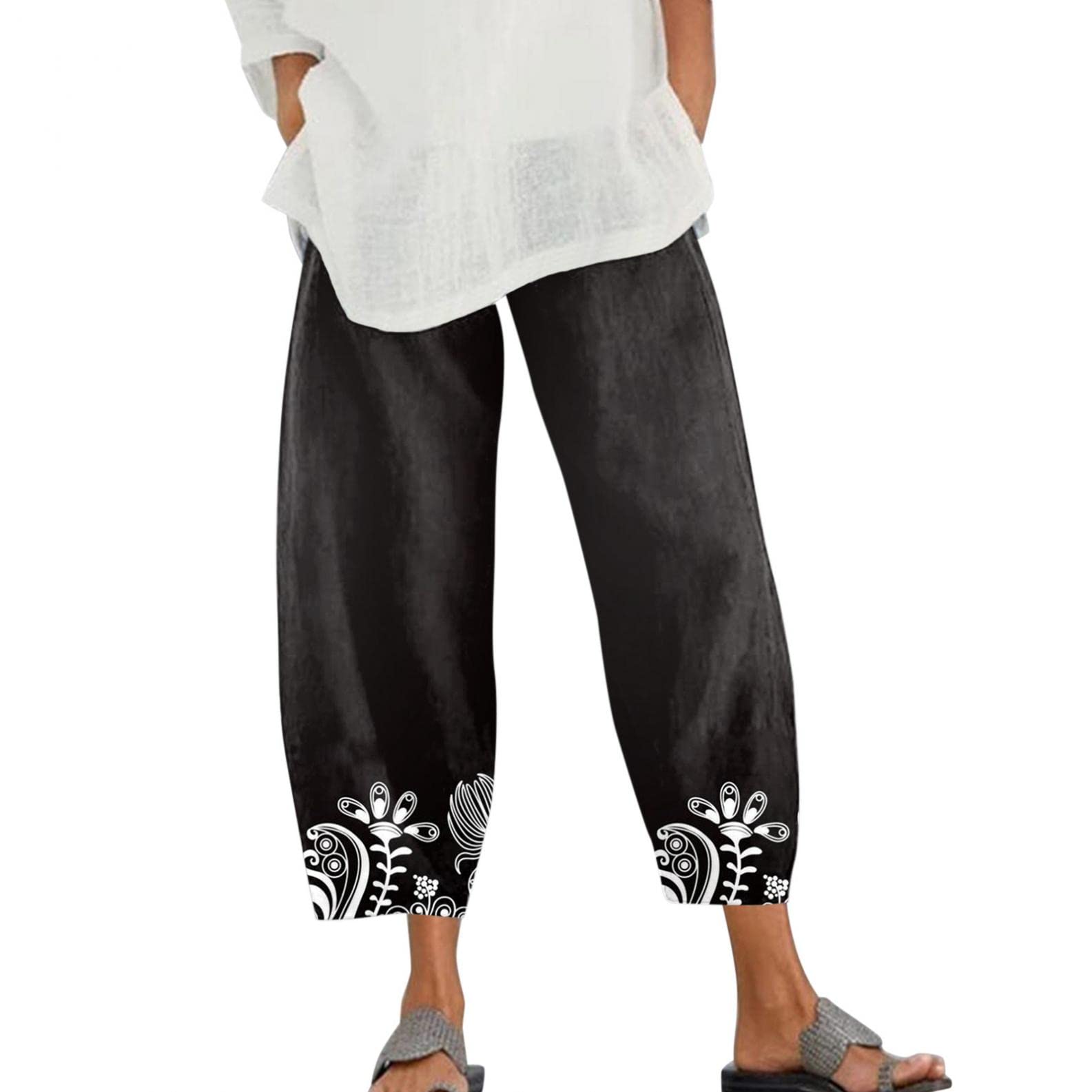 Women's Linen Pants for Summer - Casual Cotton Wide Leg Elastic Waist Capri Crop Pants with Pockets | Perfect for Beach, Vacation & Everyday Wear
