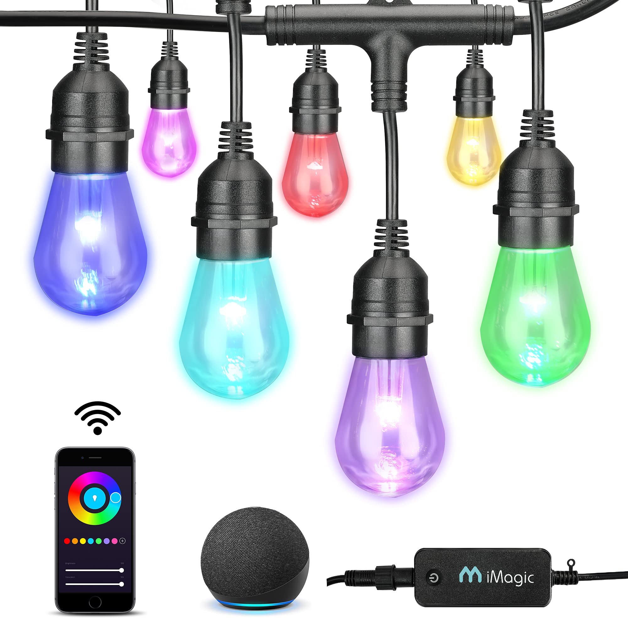 iMagic 49ft Smart RGB Outdoor String Lights - 15 LED Multi-Color Bulbs, Alexa & Google Assistant Compatible, App Control, IP65 Waterproof (2.4GHz Only) - Perfect for Patio, Garden, Backyard & Party Decorations