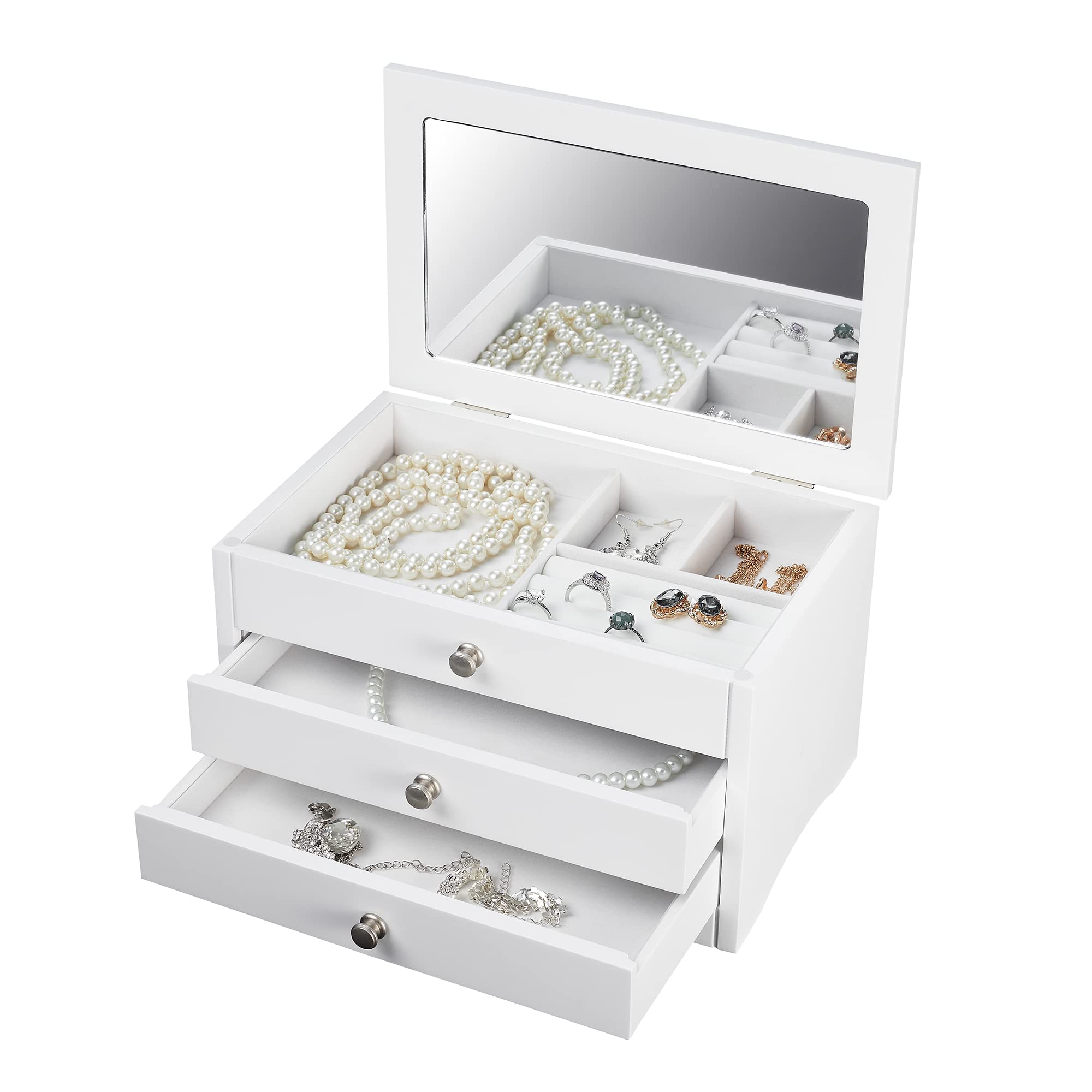 Elegant White Lift Top Jewelry Box with Mirror - Perfect for Organizing Necklaces, Rings & Earrings at Home or Travel