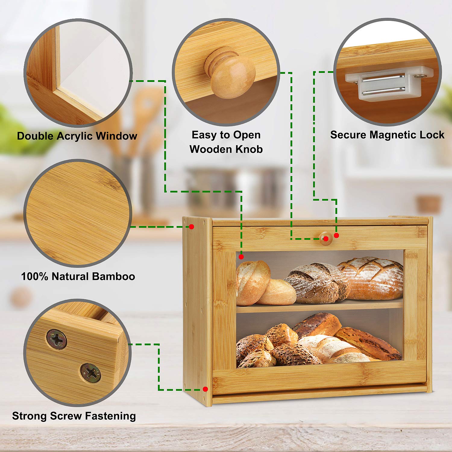2-Tier Bamboo Bread Box with Acrylic Window - Countertop Bread Bin & Dry Food Storage Container for Kitchen, Pastries, Loaf, Fruits, Jam - Easy Self-Assembly for Organized Pantry & Baking Needs