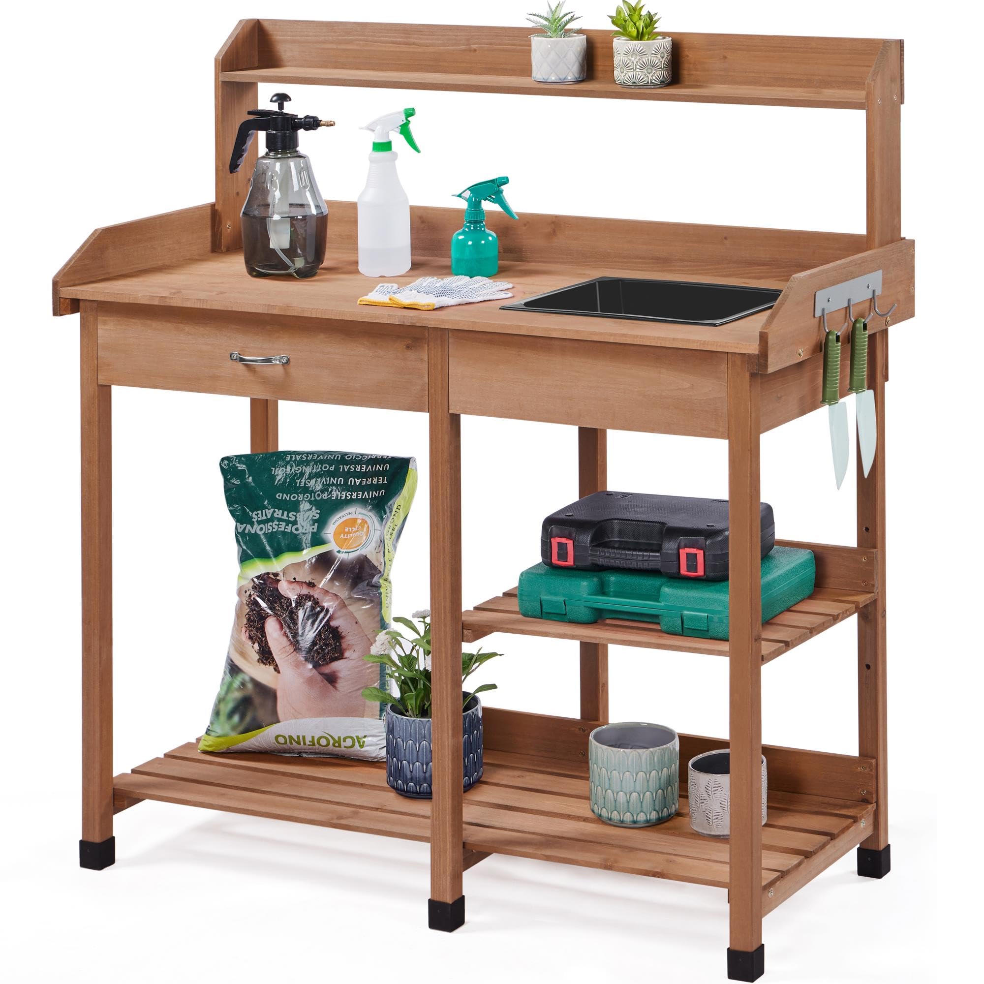 Yaheetech Outdoor Potting Bench with Sink, Drawer & Shelves - Solid Wood Garden Work Station for Planting, Horticulture & Gardening - Perfect for Backyard, Patio & Greenhouse Use