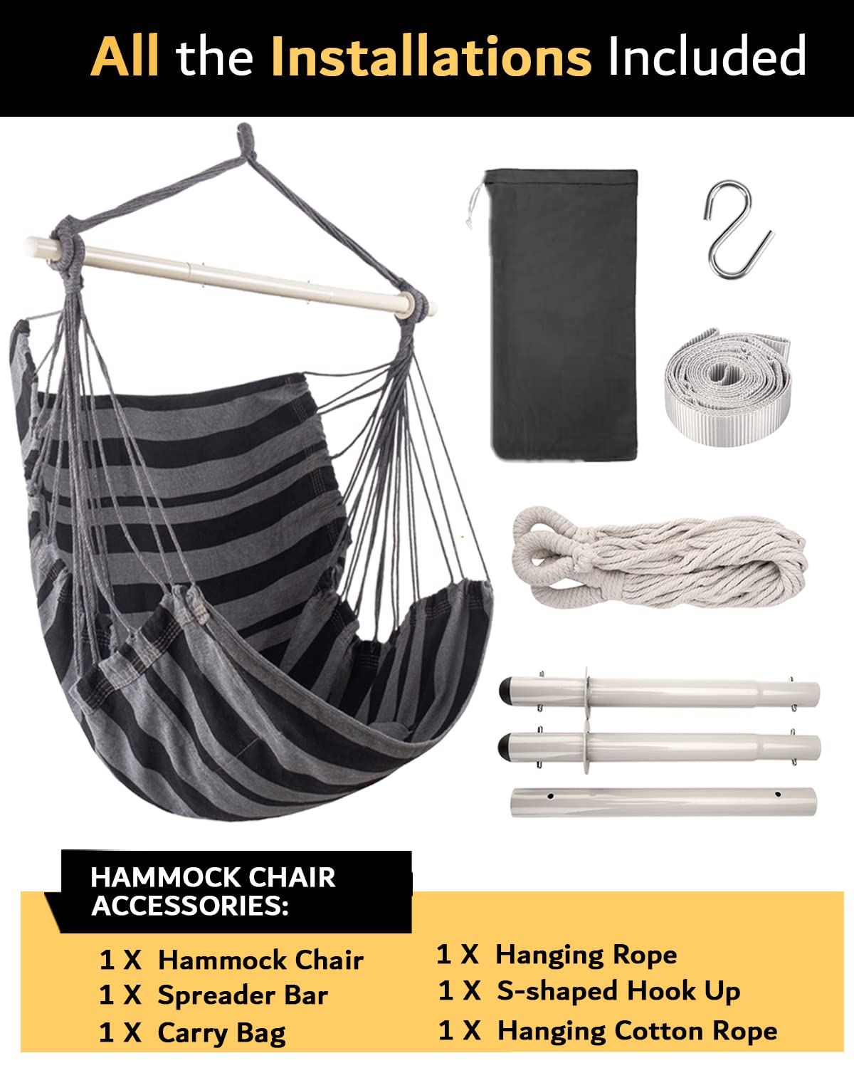 Lulladle Hammock Chair - Indoor/Outdoor Hanging Rope Swing Chair for Bedroom, Patio & Garden - Supports Up to 500 lbs - Perfect for Relaxing, Reading & Lounging