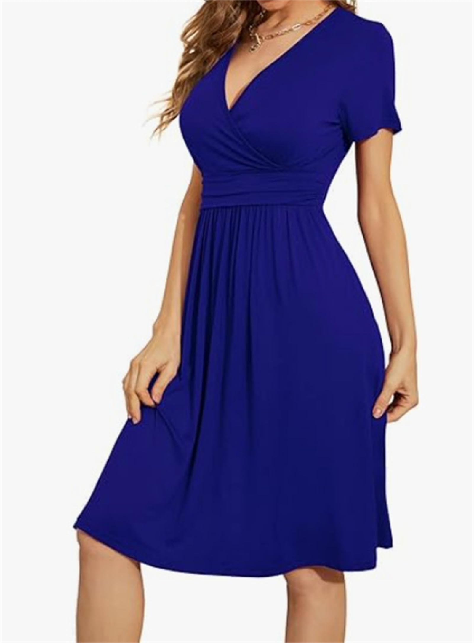 Elegant Women's V-Neck Wrap Dress with Short Sleeves & Tie Waist - Midi Sundress for Wedding Guest, Cocktail Party & Tea Time - Stylish Pocket Design for Convenience