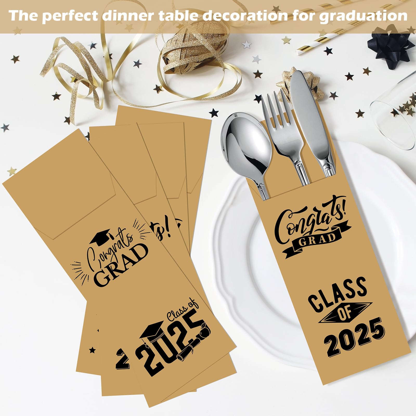 TaoBary 100-Pack Class of 2025 Graduation Party Supplies - Eco-Friendly Kraft Paper Silverware Bags, Disposable Utensil Holders & Cutlery Sleeves for College & High School Celebrations - Perfect for Graduation Gifts, Buffets & Catering Events