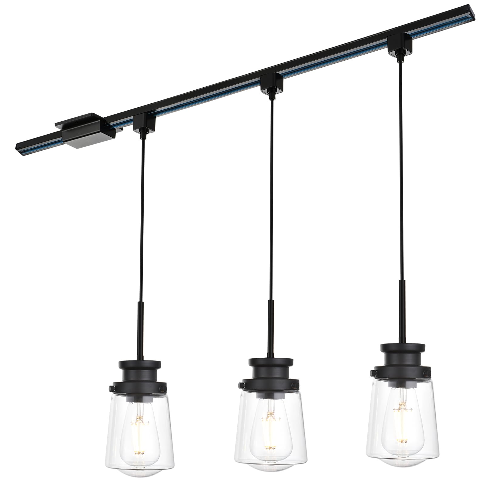 VINLUZ 3 Pack Black H-Type Track Pendant Lighting Fixtures - 40 Inch Track Lighting Rail with H Track Floating Canopy Connector - Clear Glass Shade Ceiling Lights for Living Room, Kitchen, Dining Room, and Bedroom