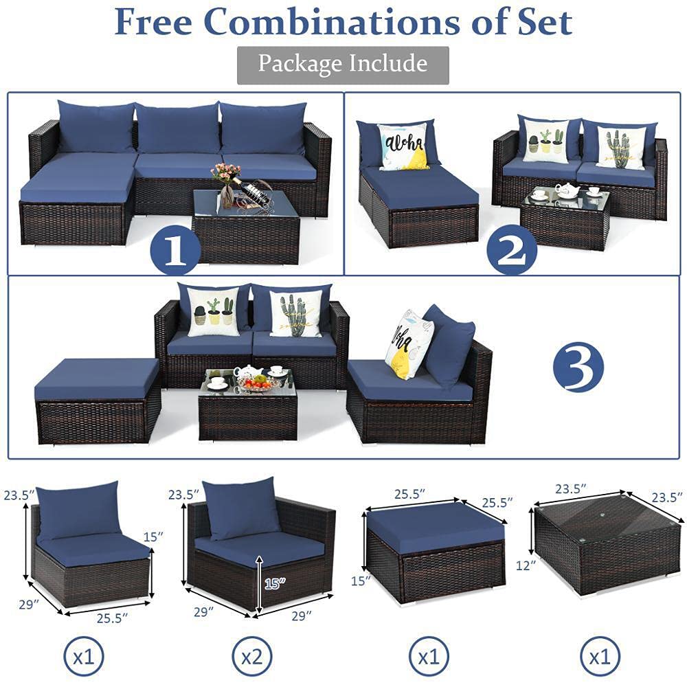 5-Piece Patio Rattan Furniture Set with Sectional Sofa and Coffee Table - Outdoor Conversation Set for Garden, Deck, Poolside - HW66521WH (White)