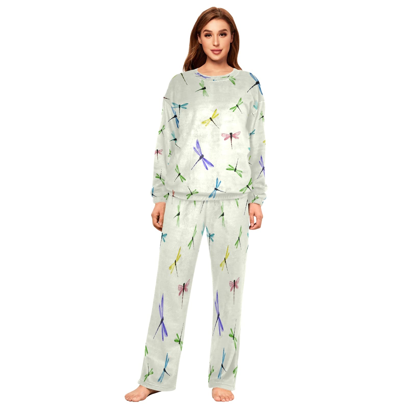 ALAZA Women's Dragonfly Print Flannel Pajama Set - 2 Piece Long Sleeve Sleepwear & Lounge Outfit for Cozy Nights, Winter Comfort & Relaxing at Home