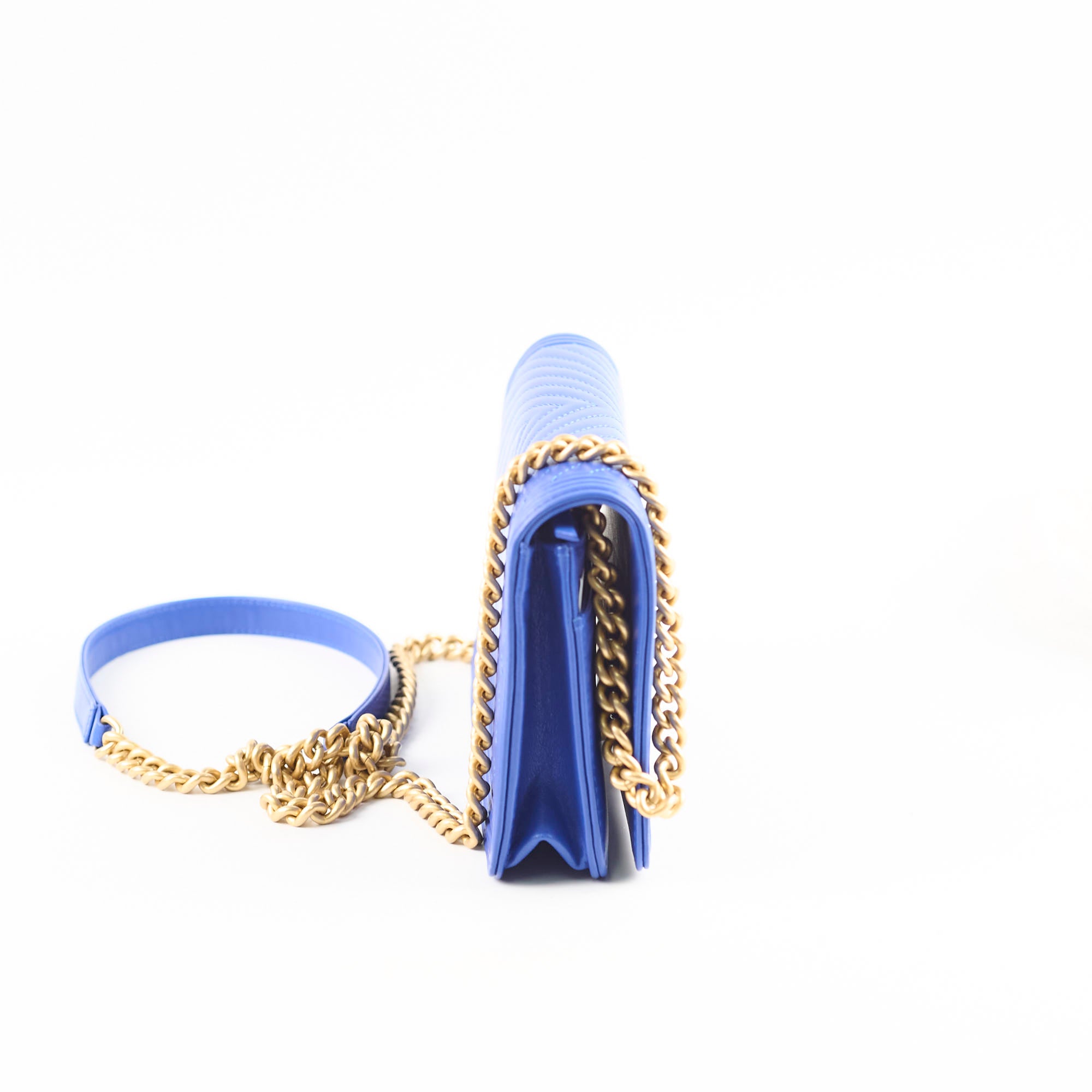 Chanel Boy Wallet on Chain Blue Lambskin Leather Crossbody Bag - Perfect for Evening Out & Daily Use