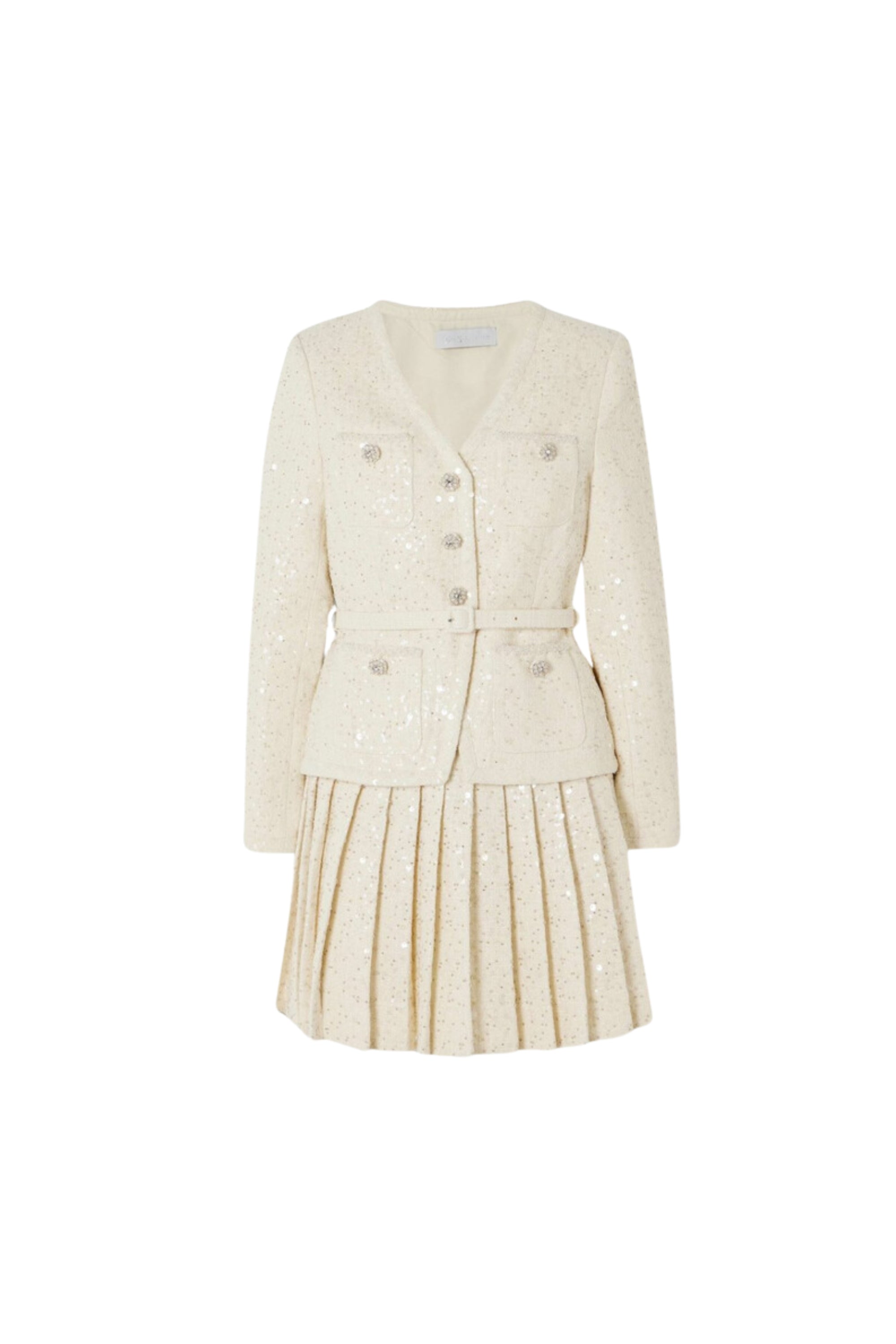 Elegant Cream Sequin Boucle Tailored Mini Dress for Women - Perfect for Cocktail Parties, Weddings & Evening Events