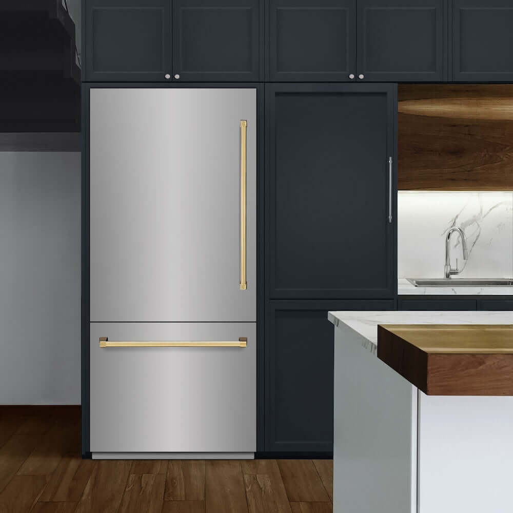 ZLINE Autograph Edition 36-Inch Built-In Bottom Freezer Refrigerator - 19.8 cu. ft. Capacity, Stainless Steel with Graphite Gray Interior & Polished Gold Accents, Water Dispenser & Ice Maker (GRBITZ 304 36G) - Perfect for Modern Kitchens & Luxury Homes
