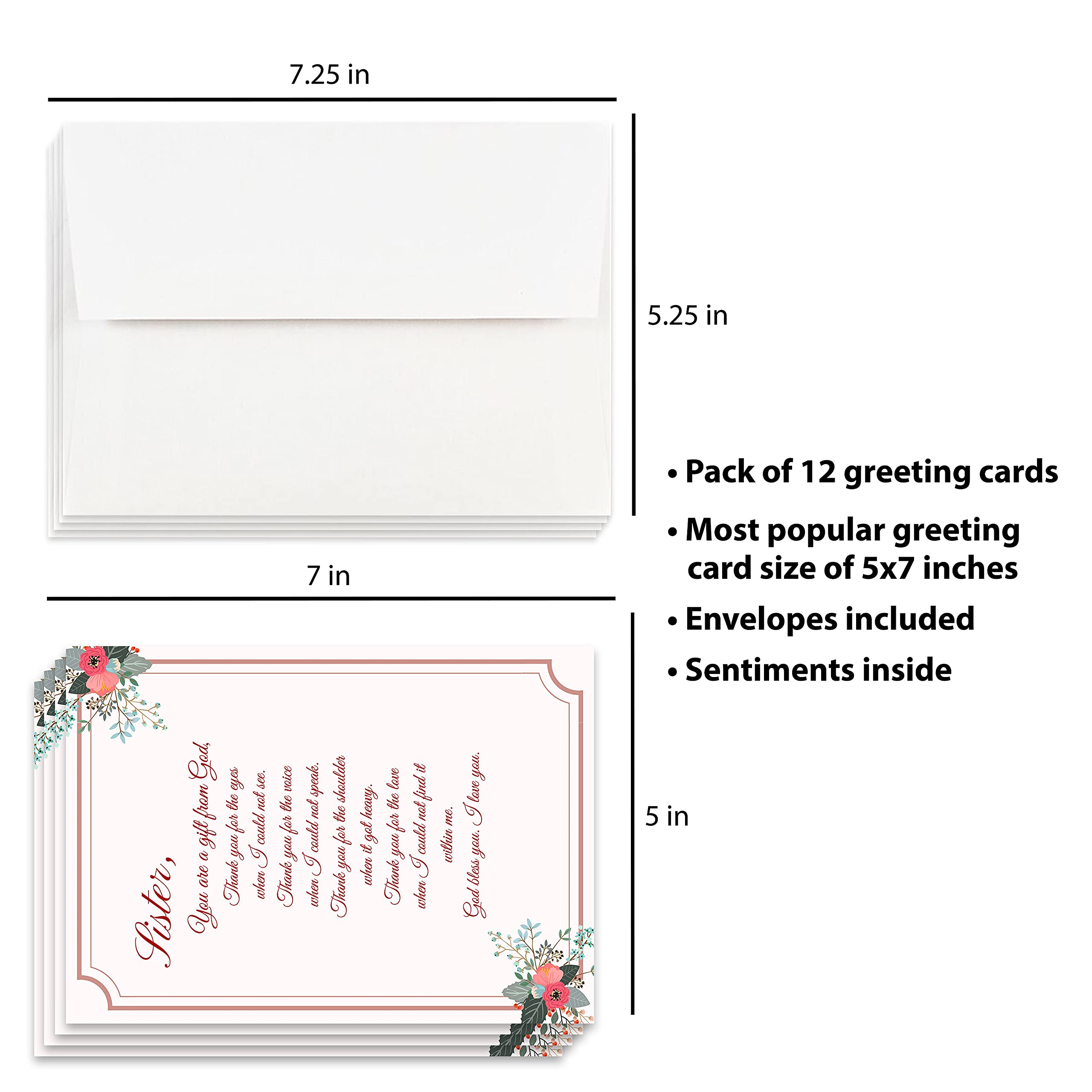Christian Thank You Sister Card - Pack of 12 for Gifts & Appreciation