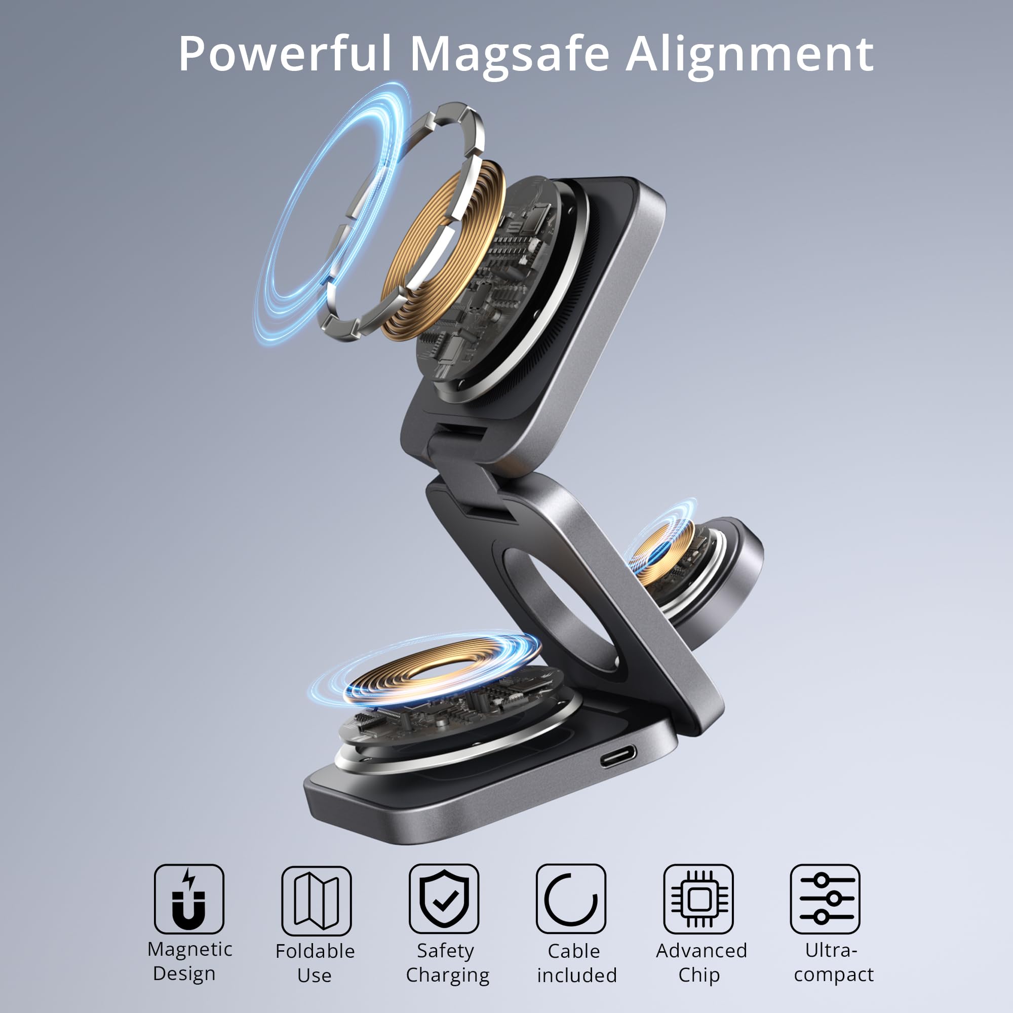 3-in-1 Wireless Charger Stand - LULULOOK 15W Magnetic Fast Charging Station for iPhone 16/15/14 Series, Apple Watch & AirPods | Aluminum Base with USB-C Cable | Perfect for Bedside, Office & Travel Charging