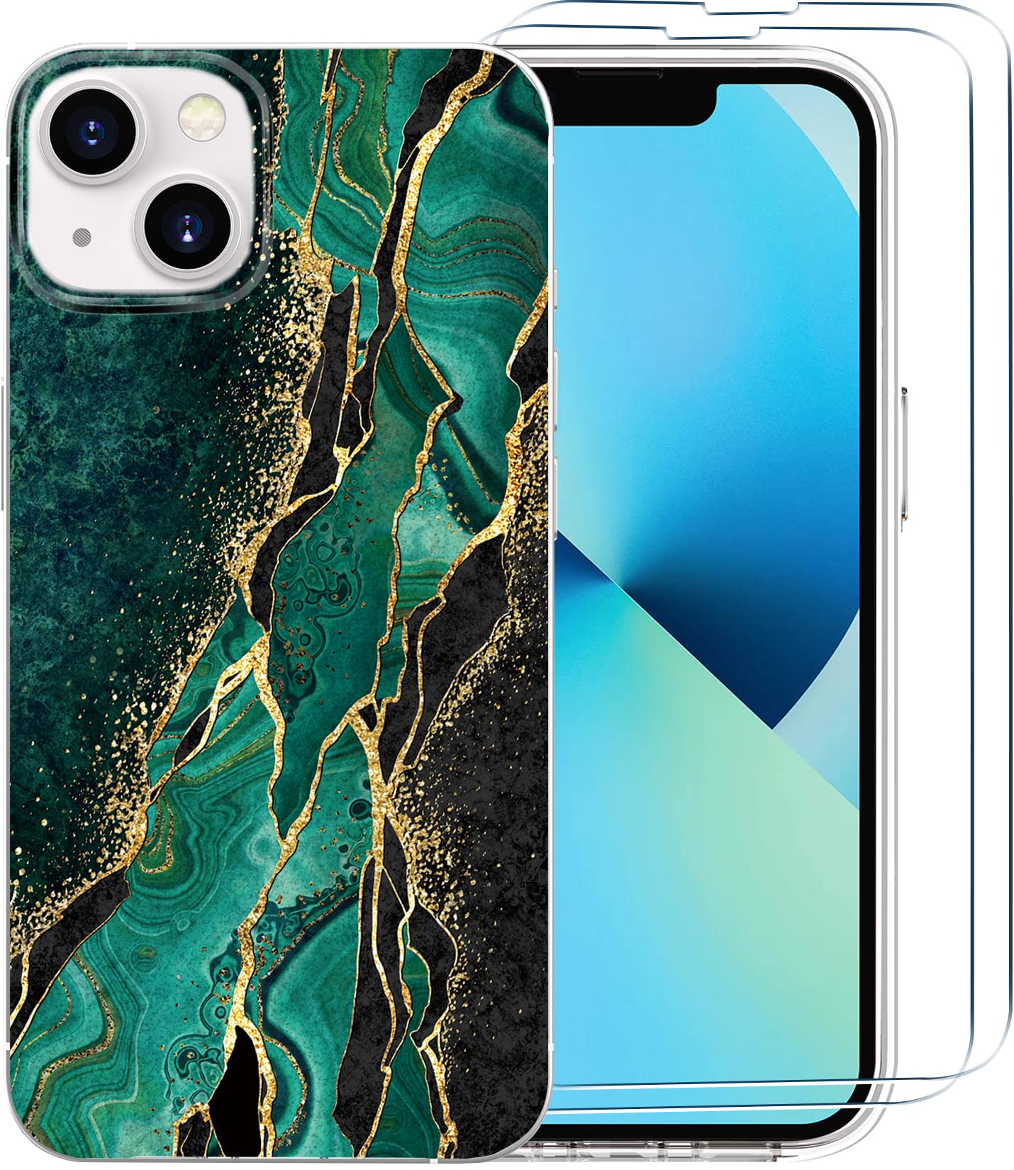 Cute Marble Glitter iPhone 13 Case with 2 Tempered Glass Screen Protectors | Slim Clear Shockproof Bumper Cover for Women | Perfect for Everyday Use, Work & Travel | Compatible with iPhone 13 6.1