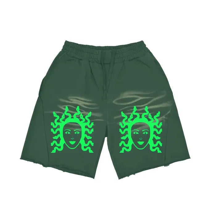 Vintage Washed Heavyweight Tiger Stripes Short Pants - Dark Green, Black & Coffee Colors | 360 GSM Medusa High-End Men's Clothing | Perfect for Streetwear, Casual Outfits & Summer Fashion
