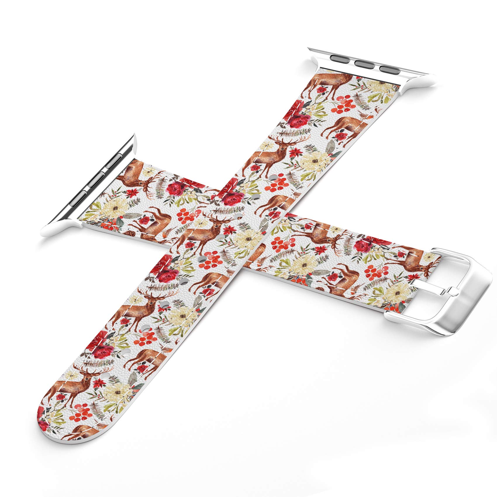 Apple Watch Bands Compatible with Series 7/6/5/4/3/2/1/SE (38-45mm) - Floral PU Leather Strap with Deer & Bloom Design + Matching Phone Case - Perfect for Workouts, Office & Casual Wear