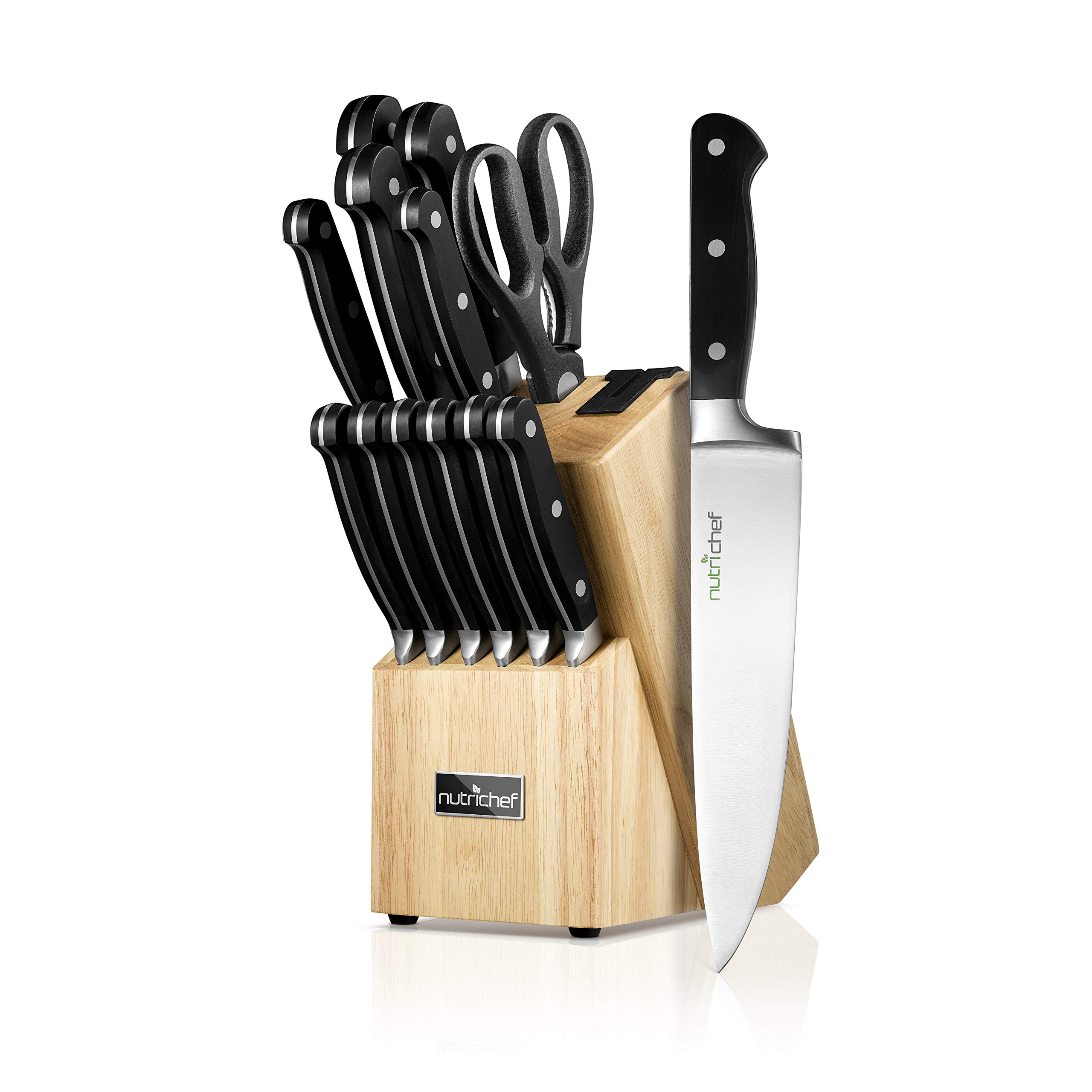 NutriChef 13-Piece Kitchen Knife Set with Wooden Block - Premium Stainless Steel Knives with Scissors & Built-In Sharpener - Ultra Sharp, Lightweight & Durable - Dishwasher Safe for Easy Cleaning - Perfect for Home Chefs, Cooking Enthusiasts & Professional Kitchens (NCKNS13)