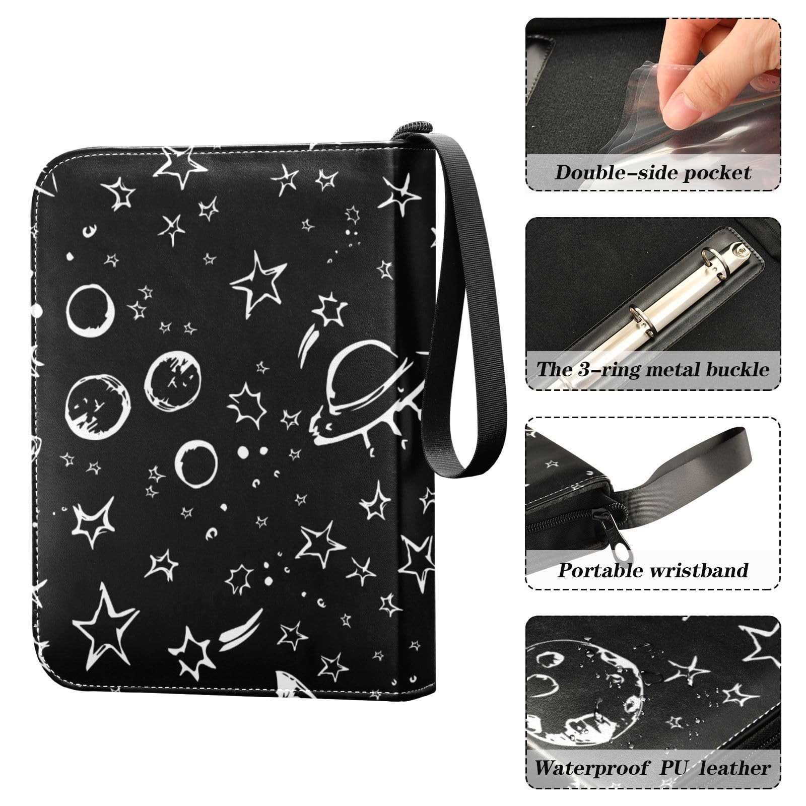 Space Planets Stars Black 4-Pocket Trading Card Binder with 50 Removable Sleeves - 3-Ring Card Album Holds 400 Cards - Perfect for Sports, Gaming & Collectible Cards - Ideal for Boys, Girls & Card Game Enthusiasts
