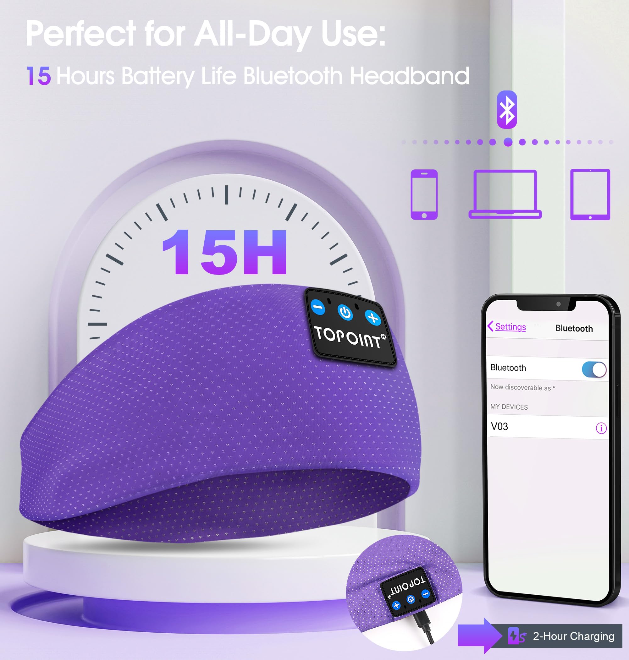 Topoint Bluetooth 5.4 Sleep Headphones Headband - Wireless Sports Headband with Built-in Earphones for Women & Men, USB-C Charging - Perfect for Yoga, Jogging, Workout, Meditation, Air Travel & Insomnia Relief
