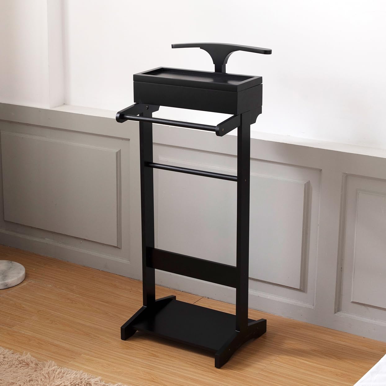 Wooden Garment Rack with Shelves - Freestanding Clothes Organizer & Valet Stand for Hanging Coats, Jackets, Dresses | Portable Clothing Rack for Entryway, Bedroom, Office, Closet & Laundry Room Organization