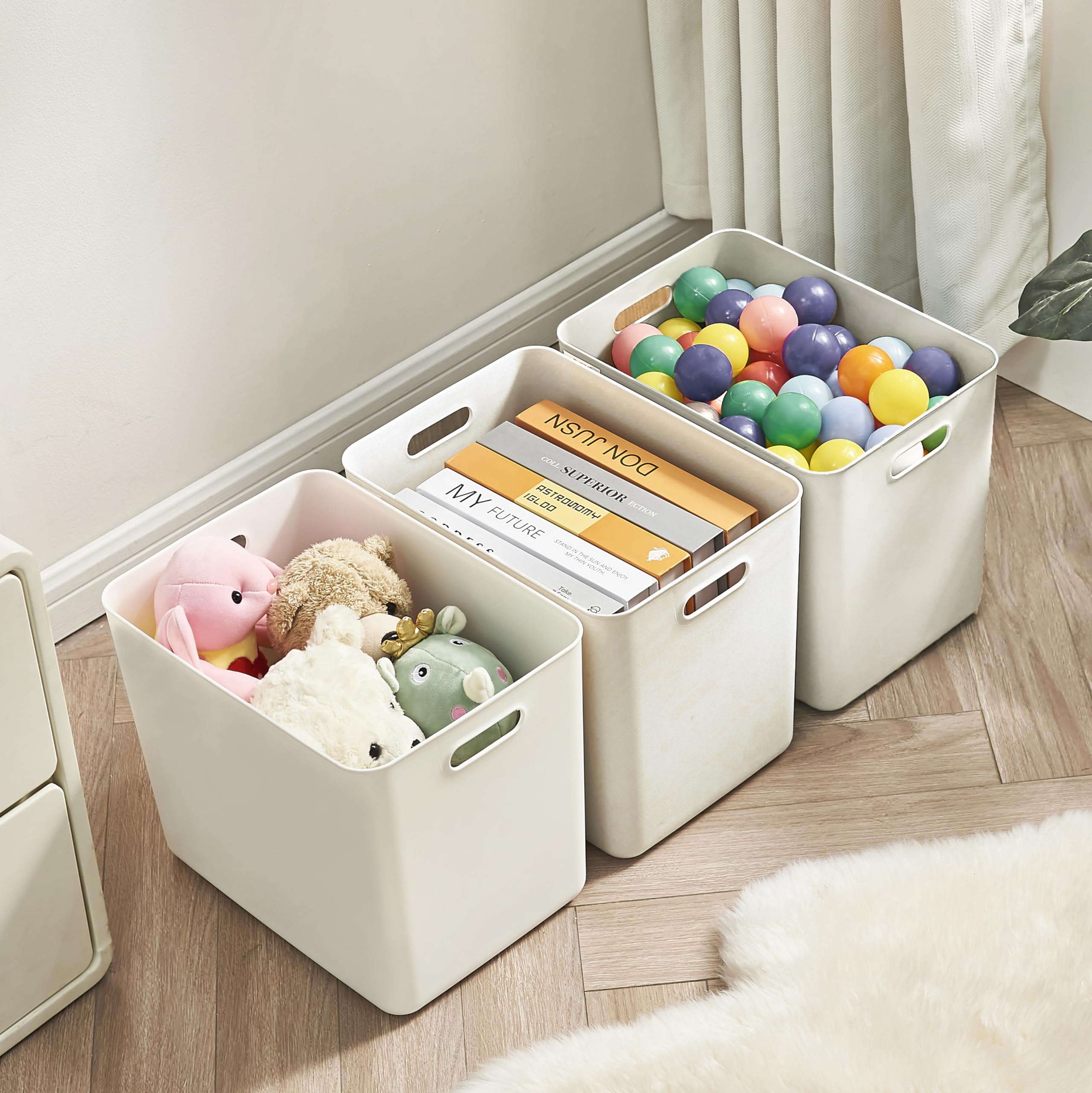 4-Pack Large White Plastic Storage Bins with Lids & Handles - Organizer Baskets for Toys, Baby Clothes, Snacks | Nursery, Playroom, Bedroom, Office & Closet Organization
