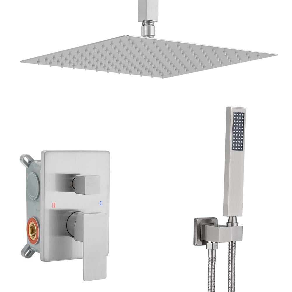 12 Inch Brushed Nickel Ceiling Mount Luxury Rain Shower System - Complete Bathroom Shower Combo Set with Rainfall Shower Head, Faucet, Rough-in Valve & Trim Kit for Spa-Like Experience