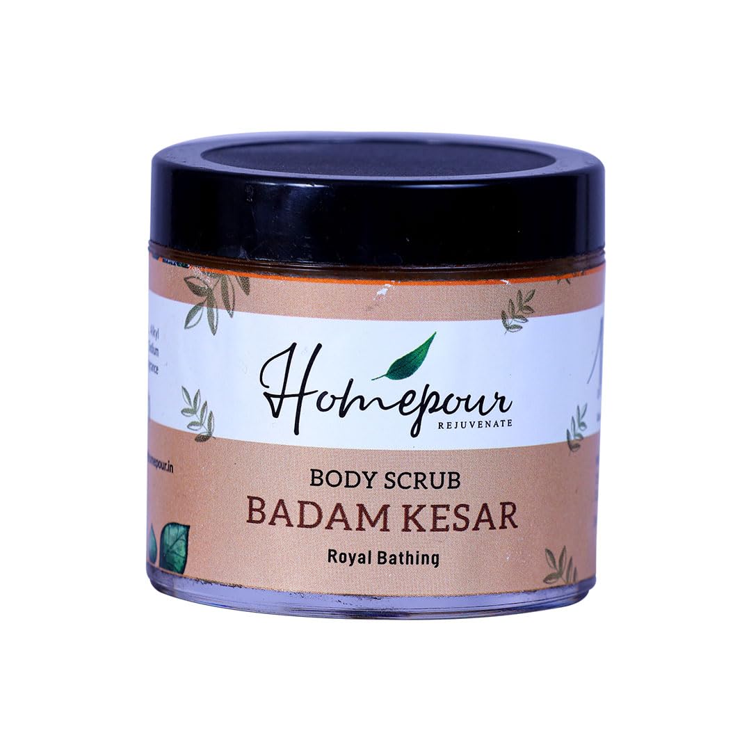 Homepour Badam Kesar Body Scrub - 100g Royal Bathing Exfoliator | Handmade Almond Saffron Body Scrub for Smooth & Glowing Skin | Perfect for Spa Day & Self-Care Routine