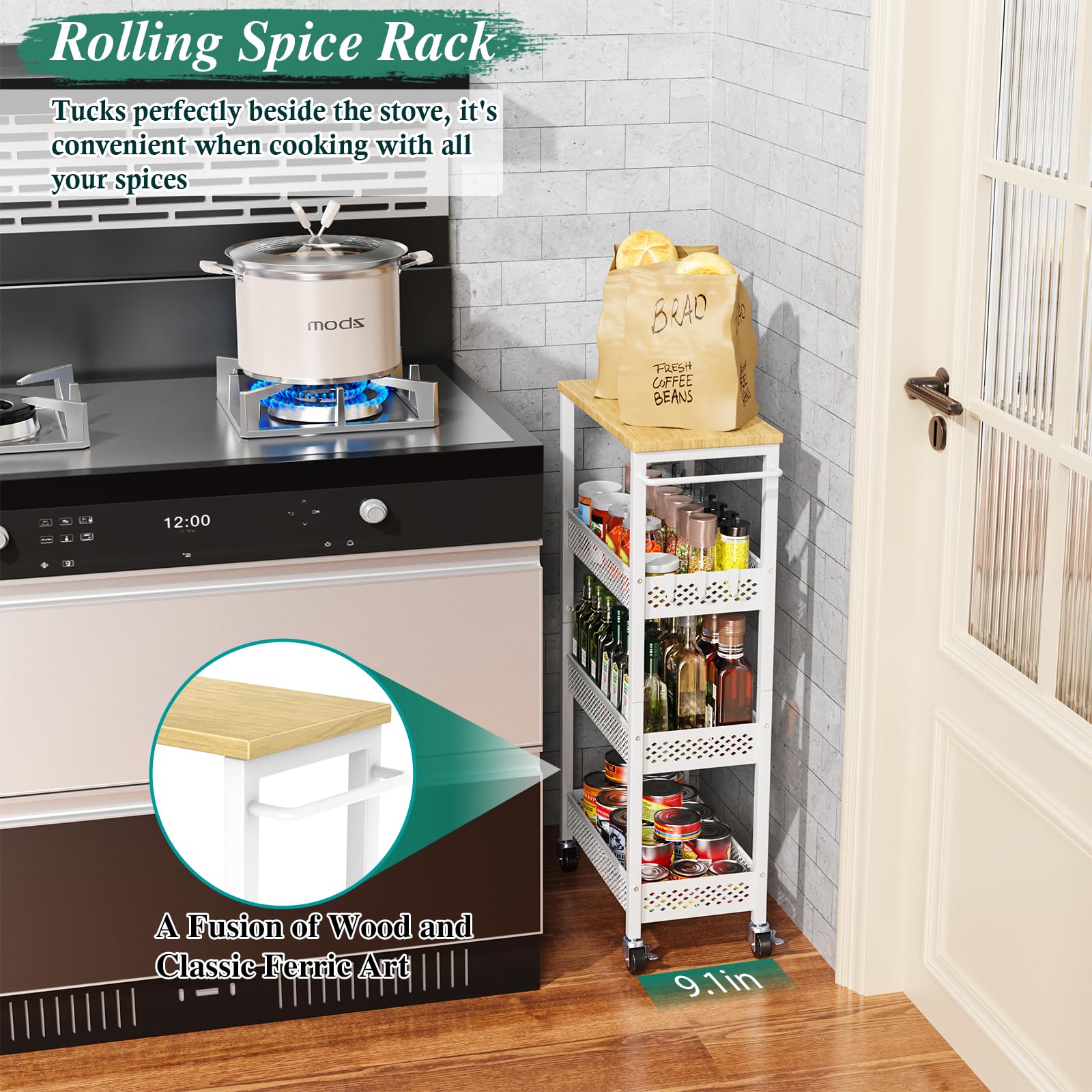 4-Tier Slim Rolling Storage Cart with Wheels - Narrow Metal Bathroom & Kitchen Organizer with Wood Top - Space-Saving Utility Cart for Laundry Room, Small Spaces - Perfect for Bathroom Essentials, Kitchen Supplies & Home Organization