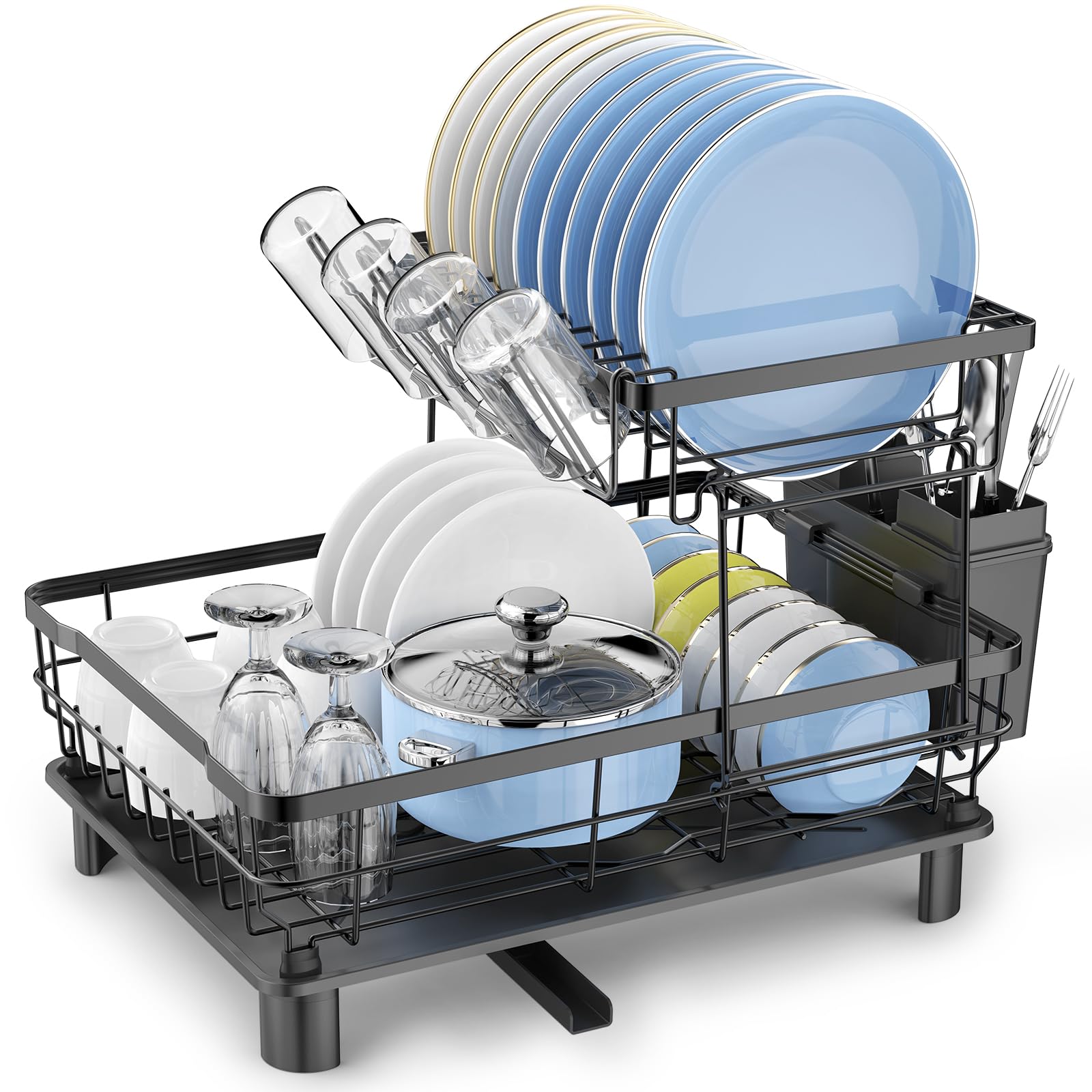Premium 2-Tier Stainless Steel Dish Drying Rack - Space Saving Kitchen Counter Organizer with Cutlery Holder, Cup Drying Station & Drainboard - Rustproof & Durable for Daily Dishwashing & Kitchen Organization