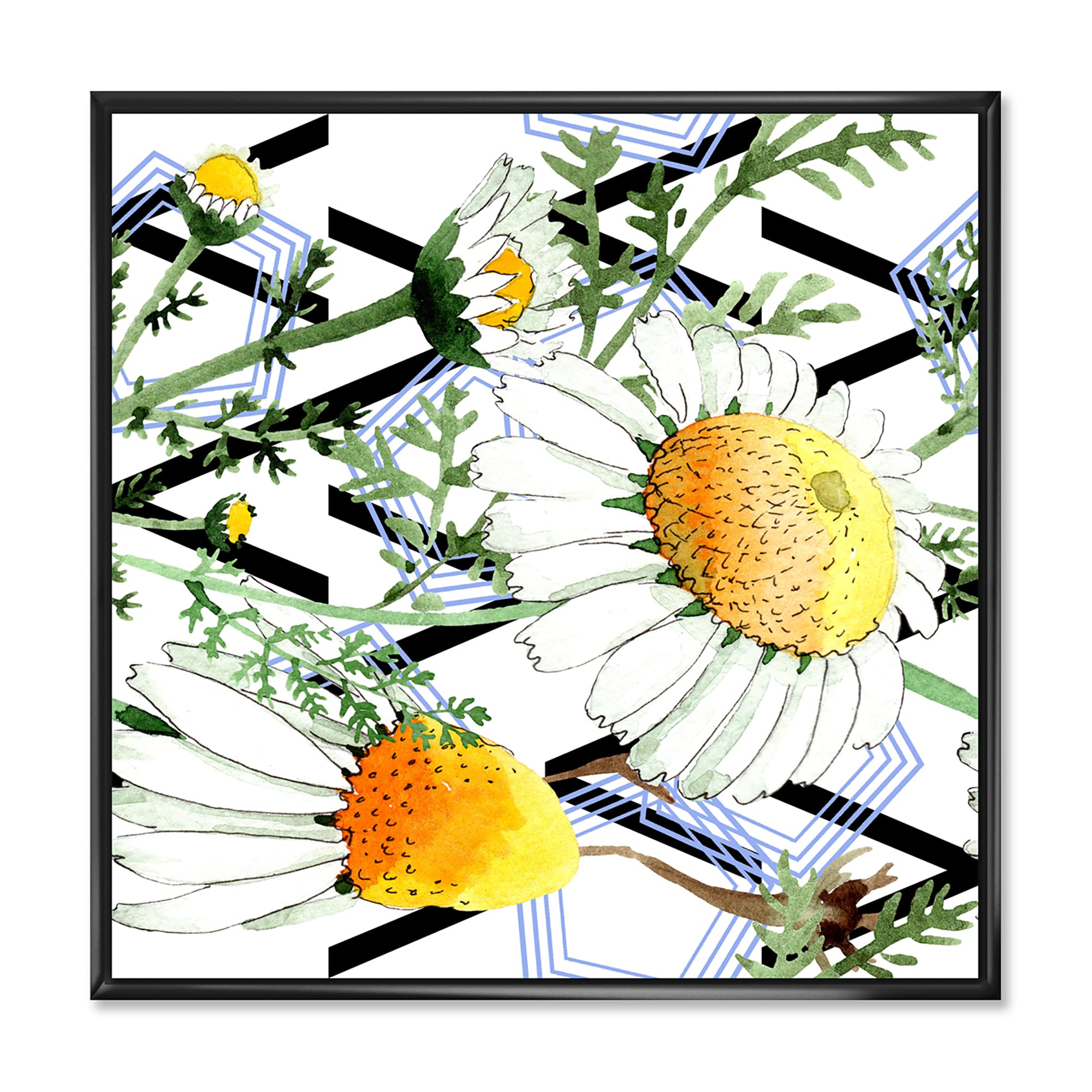 DesignQ Wild Spring Chamomile Flowers Geometric Framed Canvas Wall Art Print - Home Decor for Living Room, Bedroom & Office