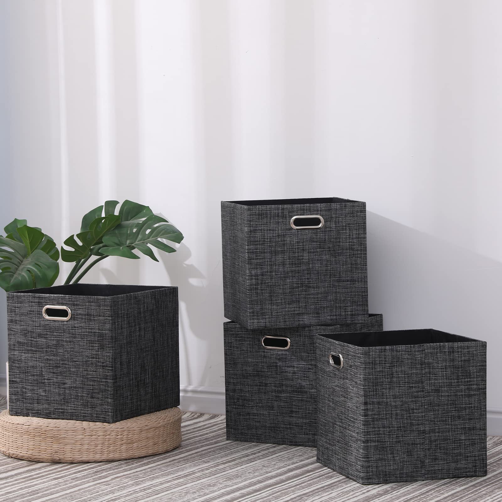 13×13 Inch Foldable Cube Storage Bins with Handles - Set of 4 Large Capacity Linen Organizer Baskets for Closet, Shelf, Cabinet & Bookcase | Collapsible Fabric Drawers for Bedroom Organization | Perfect for Toys, Books & Home Decor (Black)