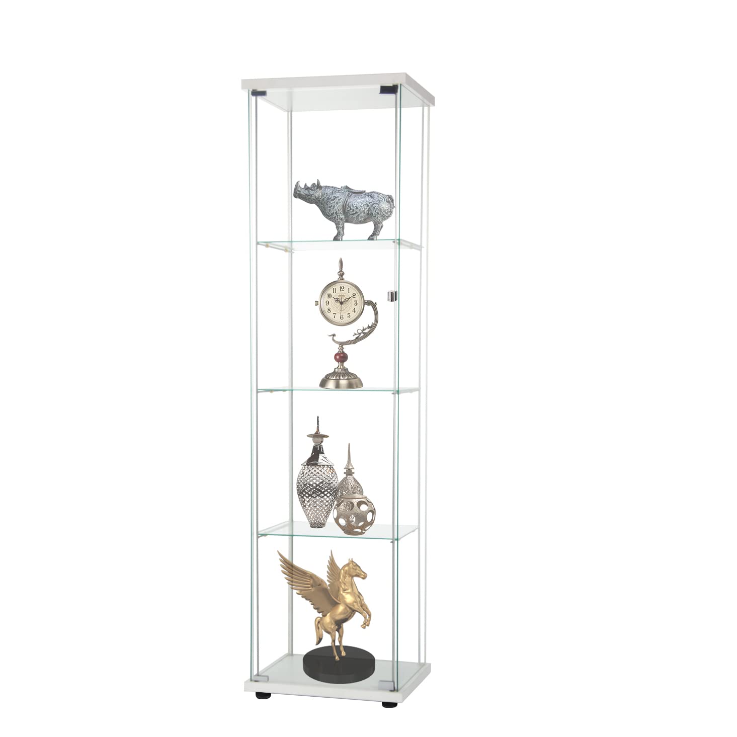 HomVent 4-Shelf Glass Door Display Cabinet - White Curio Cabinet with Square Tower Design for Home Decor, Living Room, Bedroom & Office Display