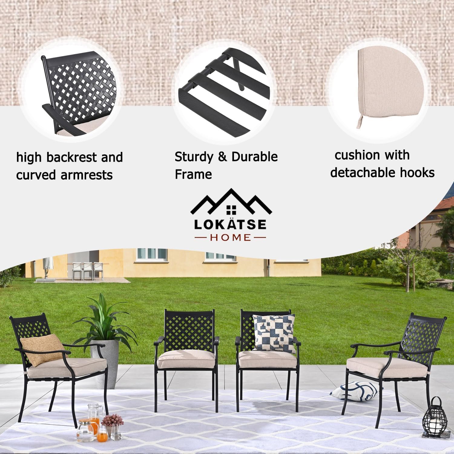 LOKATSE HOME 4-Piece Outdoor Patio Dining Set - Wrought Iron Metal Chairs with Arms & Beige Cushions - Perfect for Garden, Backyard, Poolside & Patio Furniture