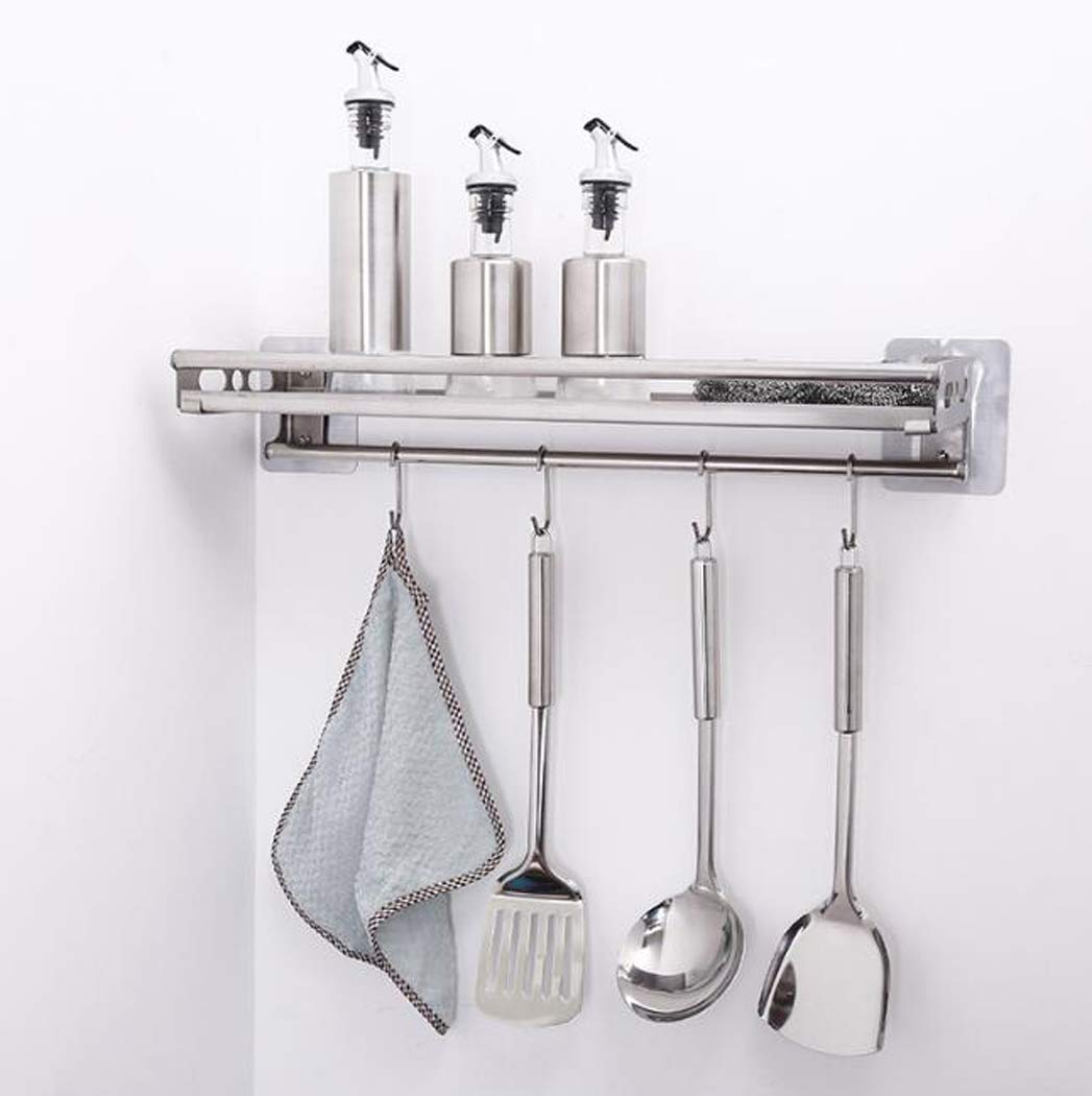 Stainless Steel Wall Mounted Kitchen Shelves with 4 Hooks - 60cm Spice Rack & Multifunctional Organizer for Bathroom, Kitchen Storage - Perfect for Small Spaces, Pantry Organization & Home Decor
