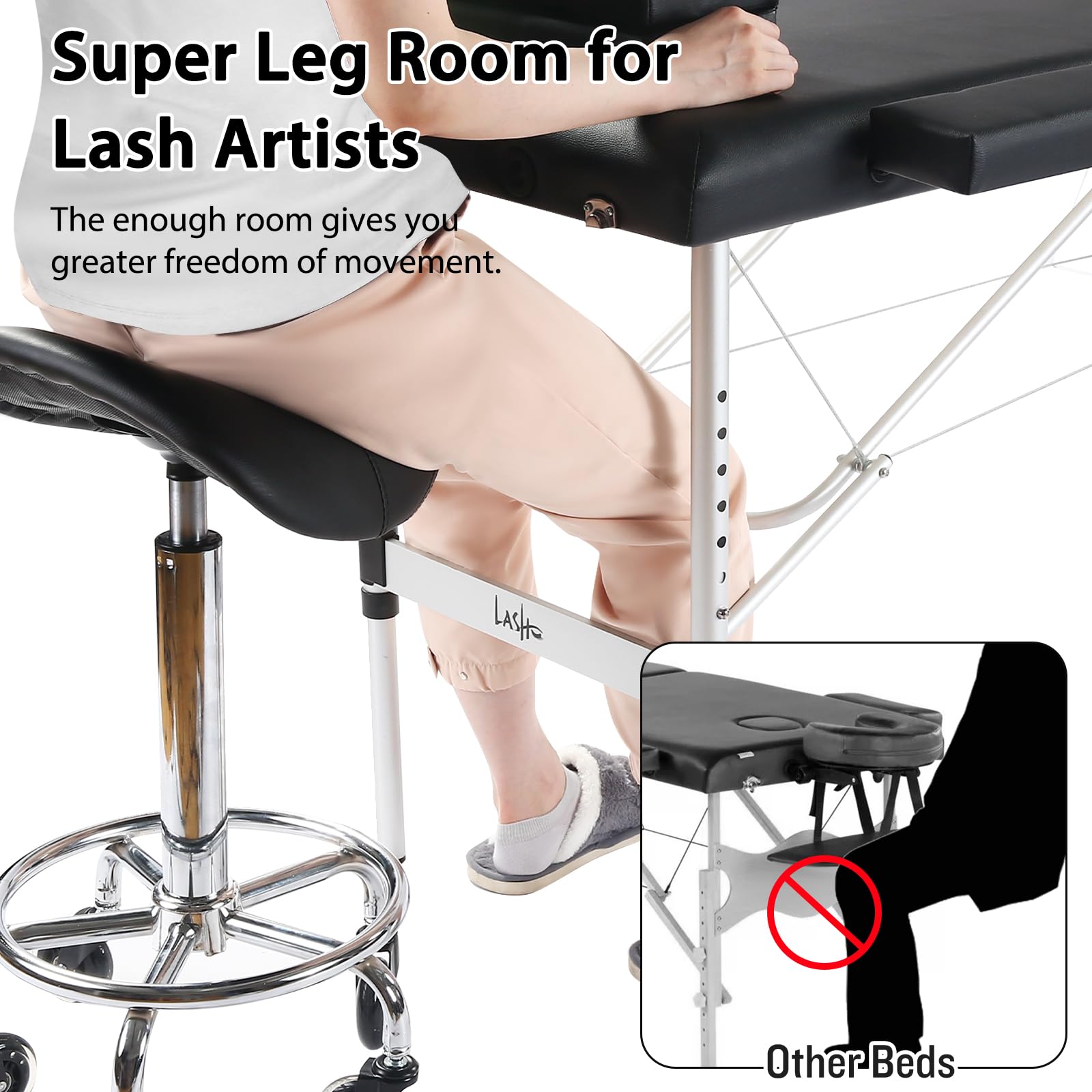 Portable Adjustable Lash Extension Bed - Professional Esthetician Salon Table with Waterproof Aluminum Frame & Eyelash Pillow - Perfect for Eyelash Extensions, Spa Treatments & Beauty Services (Black)