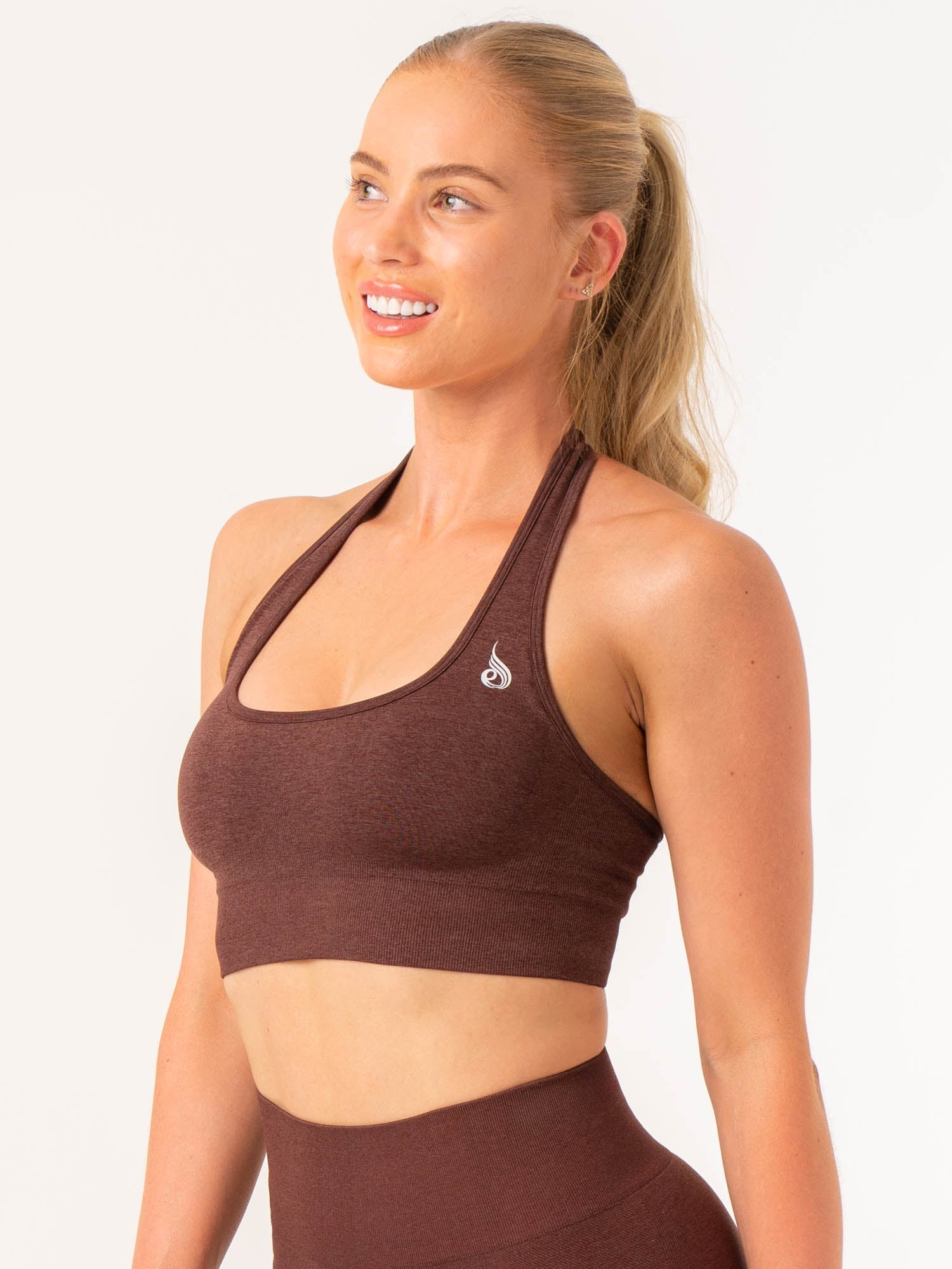 Contour Halter Bra - Supportive & Comfortable Wireless Bralette in Chocolate Marl - Perfect for Yoga, Workouts & Everyday Wear
