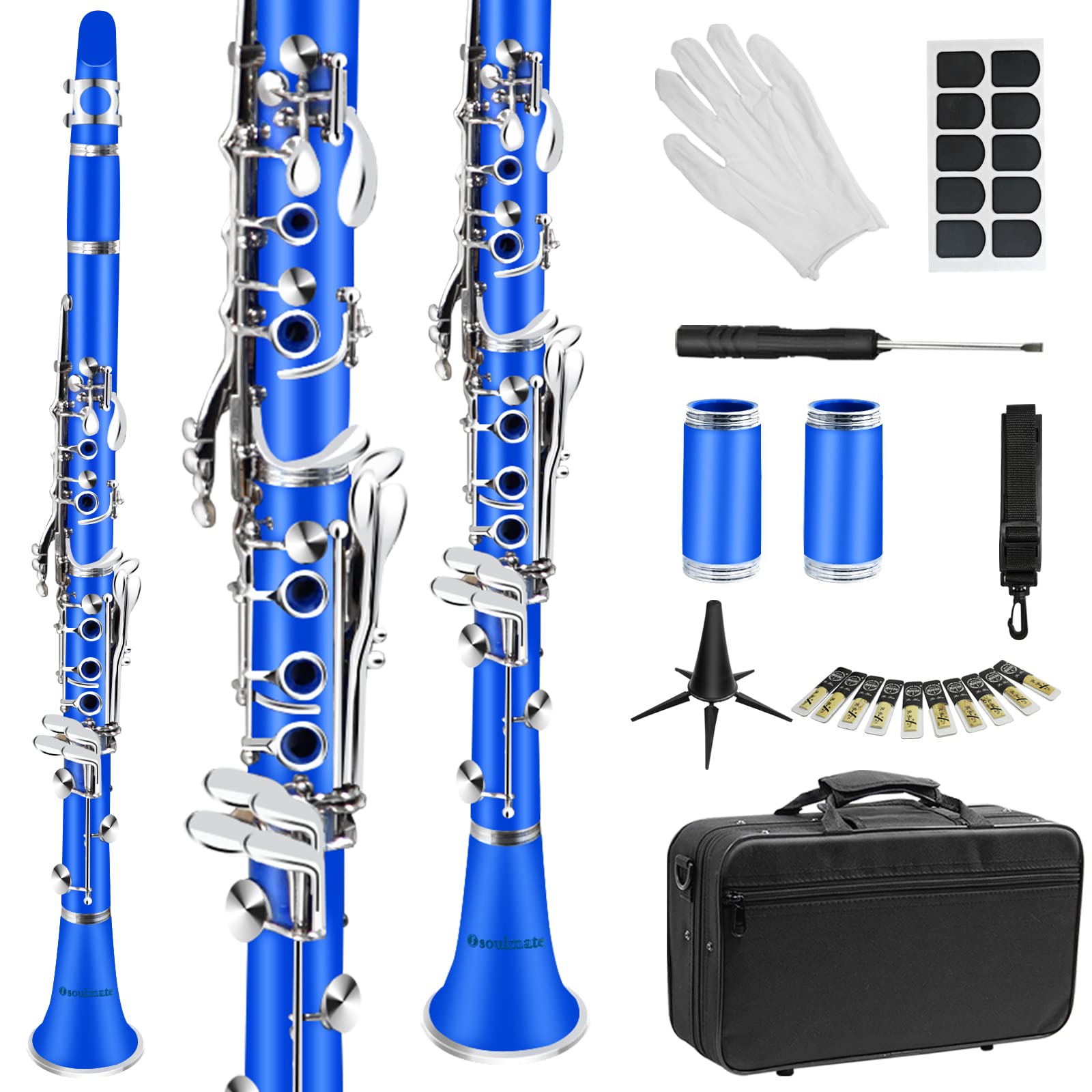 Soulmate Bb Flat 17 Nickel Keys Beginner Student Clarinet with 2 Barrels & Cleaning Kit - Blue | Perfect for School Band, Music Lessons & Practice at Home