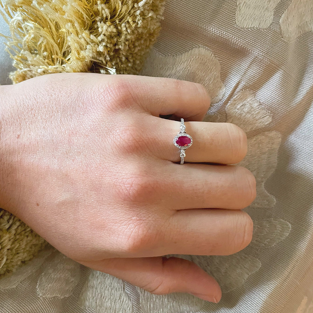 Exquisite Oval Ruby & Diamond Halo 14K White Gold Ring for Women - Perfect for Engagement, Anniversary & Special Occasions